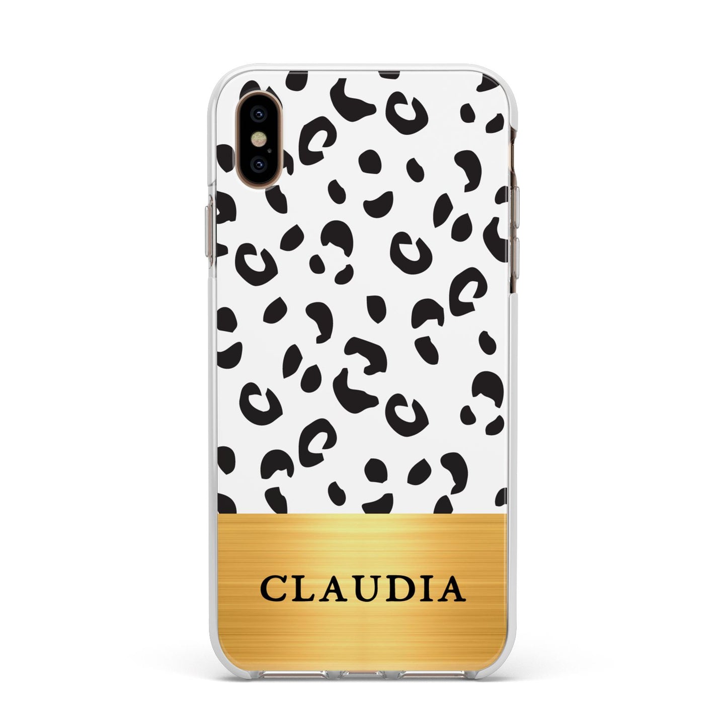 Personalised Animal Print Gold With Name Apple iPhone Xs Max Impact Case White Edge on Gold Phone