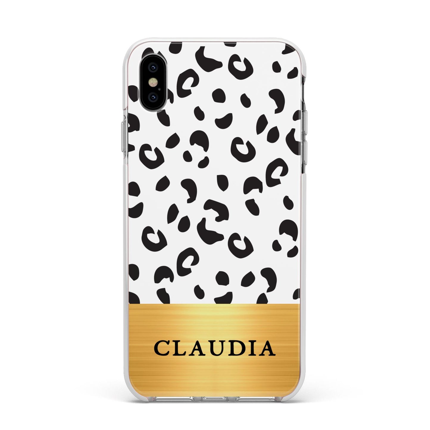 Personalised Animal Print Gold With Name Apple iPhone Xs Max Impact Case White Edge on Silver Phone