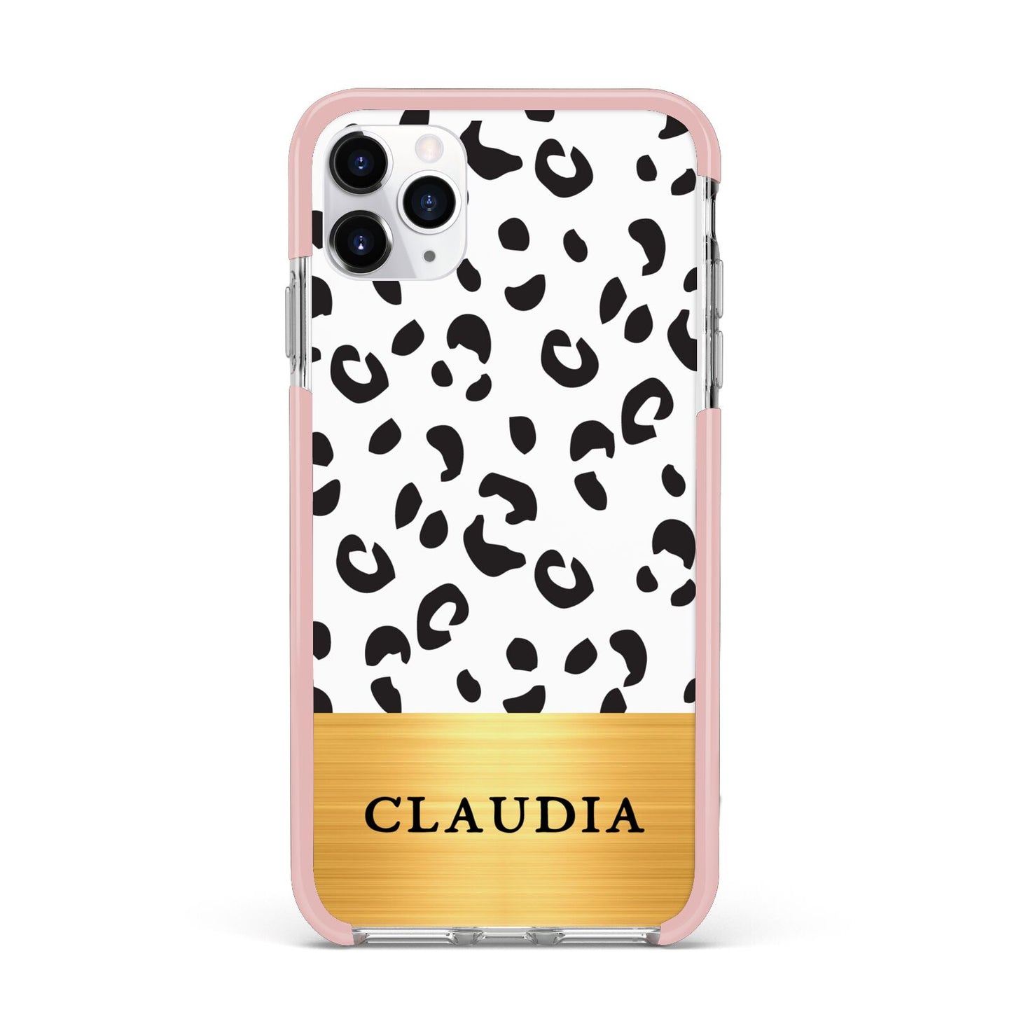 Personalised Animal Print Gold With Name iPhone 11 Pro Max Impact Pink Edge Case