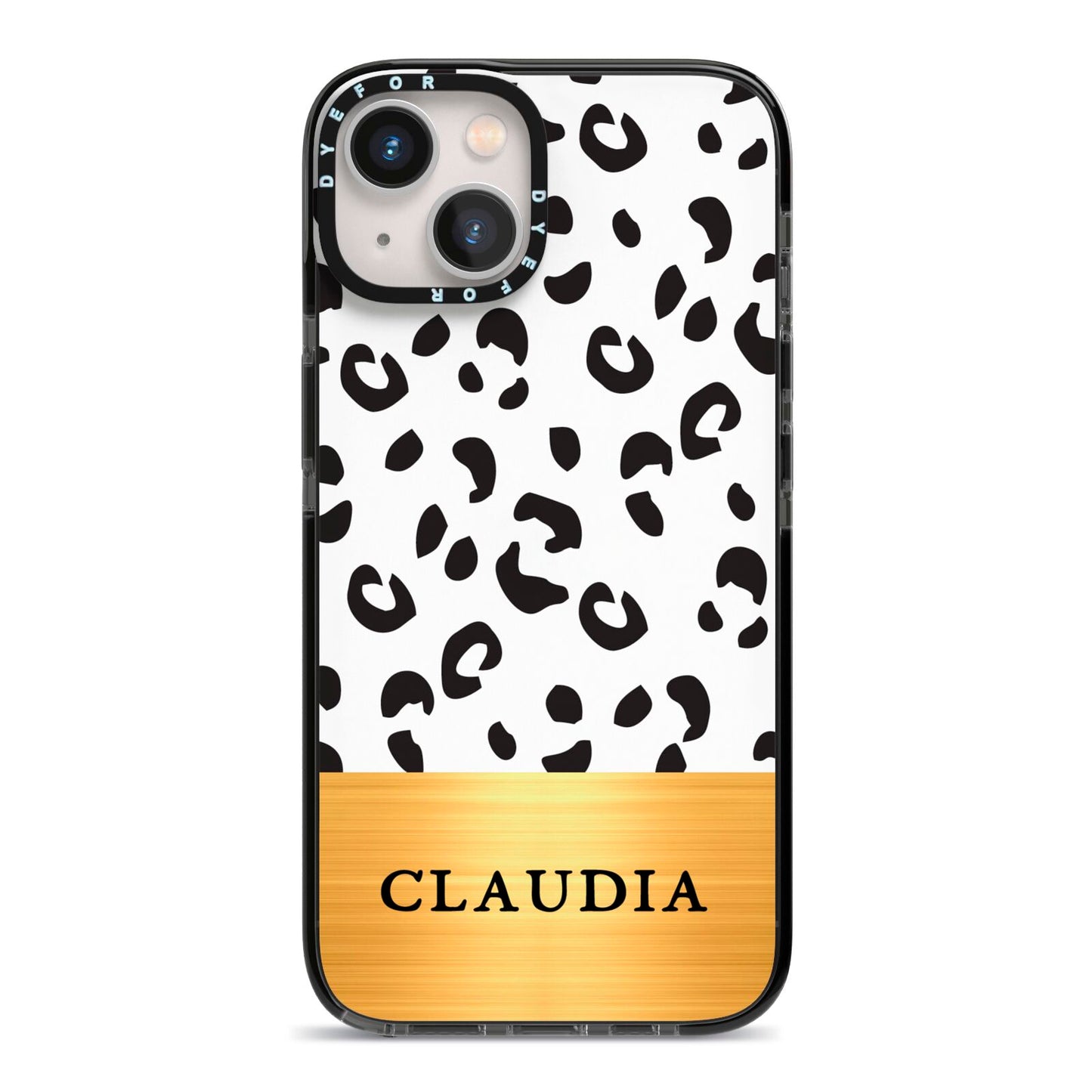 Personalised Animal Print Gold With Name iPhone 13 Black Impact Case on Silver phone