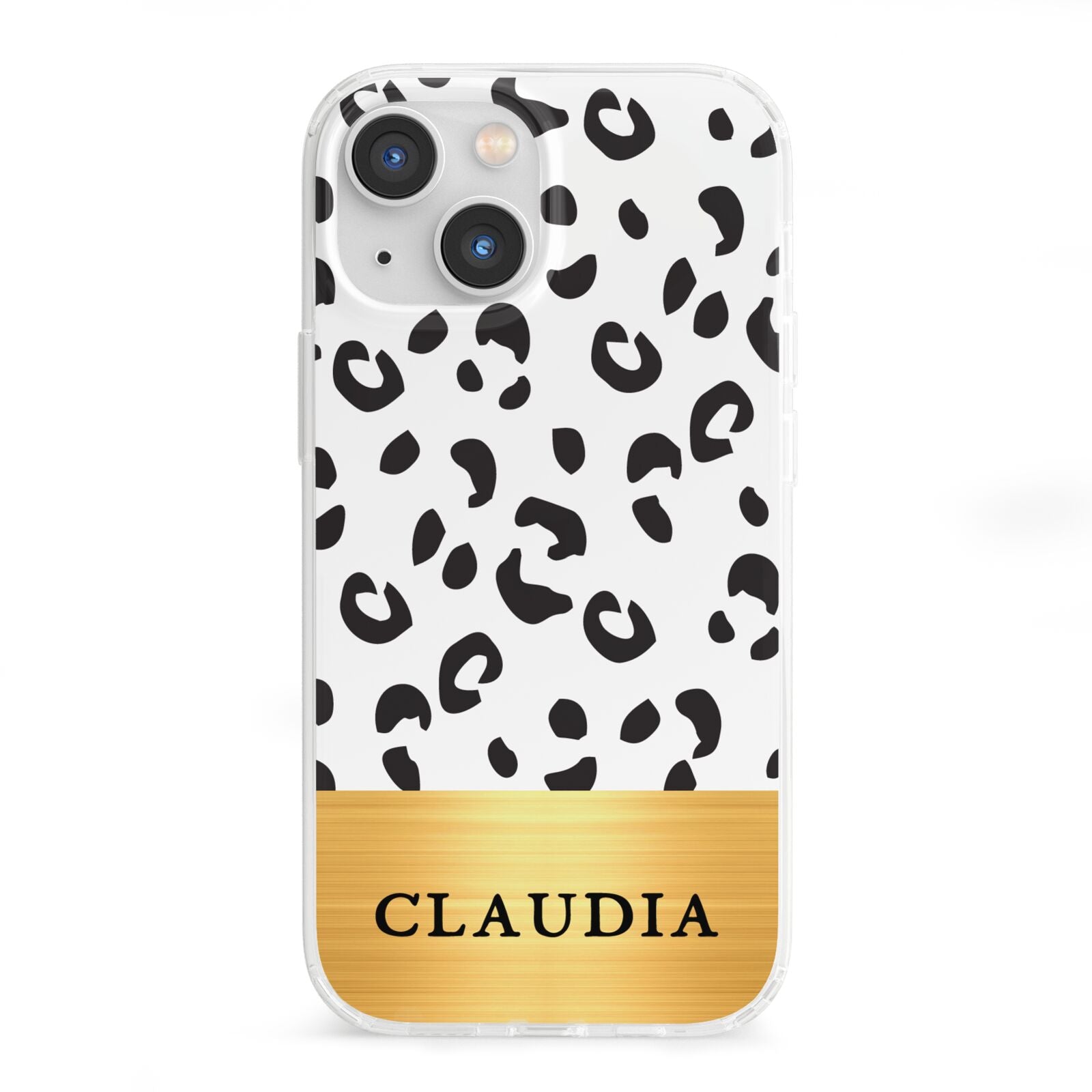 Personalised Animal Print Gold With Name iPhone 13 Mini Clear Bumper Case