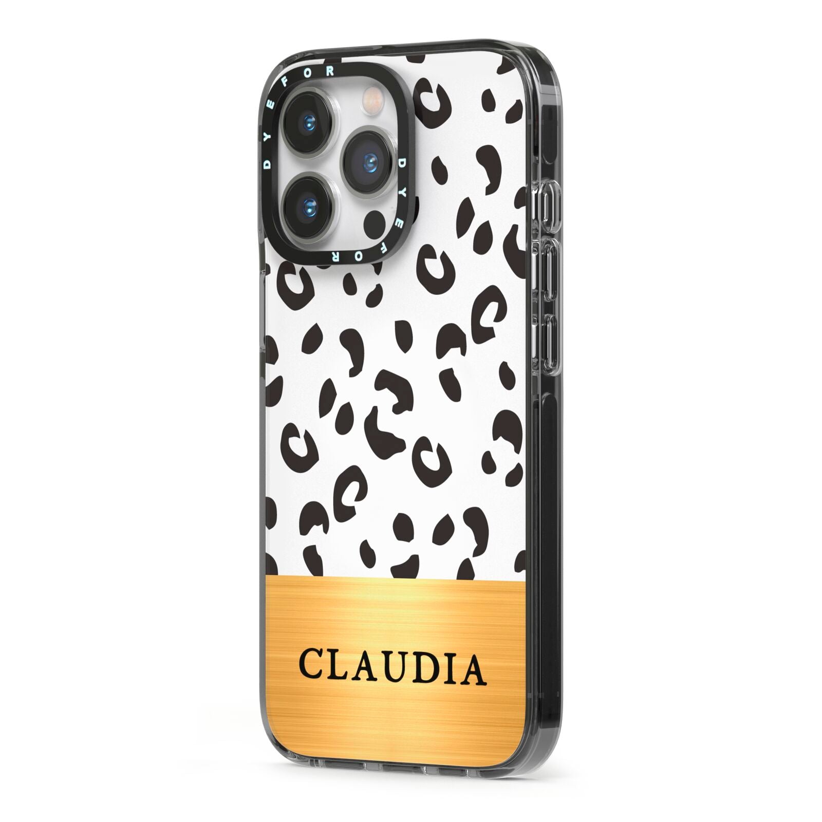 Personalised Animal Print Gold With Name iPhone 13 Pro Black Impact Case Side Angle on Silver phone