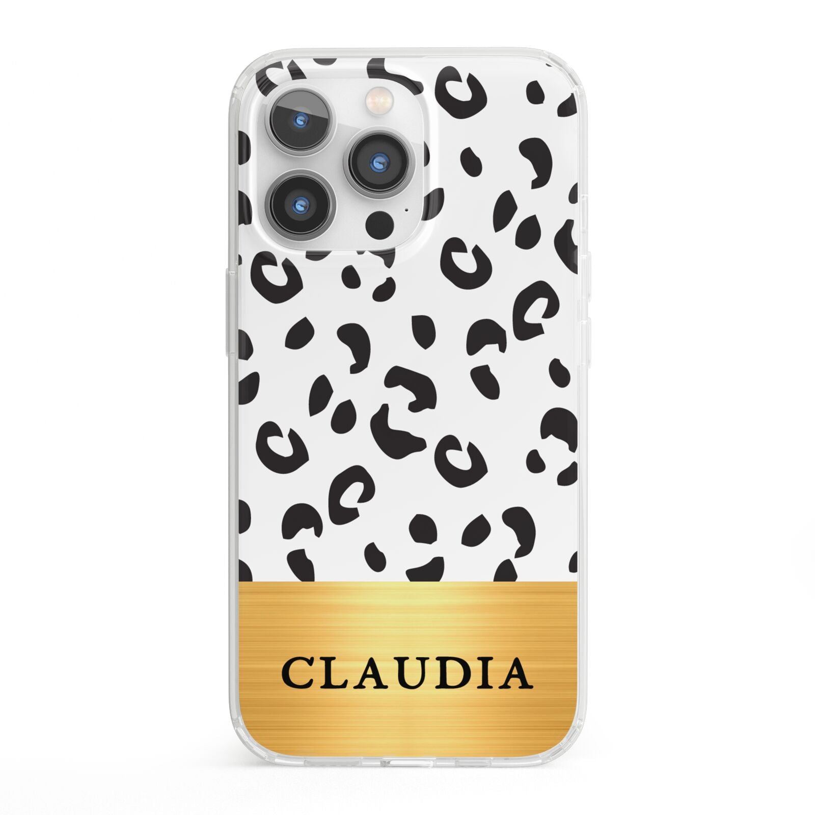 Personalised Animal Print Gold With Name iPhone 13 Pro Clear Bumper Case