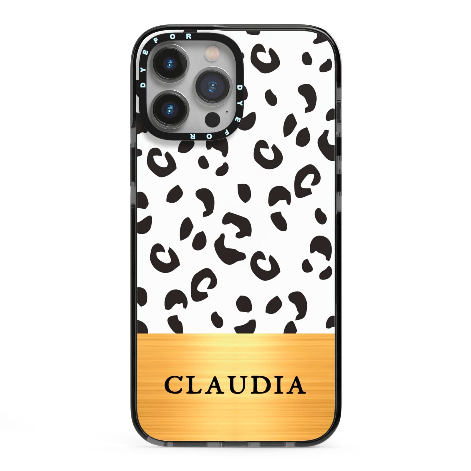 Personalised Animal Print Gold With Name iPhone 13 Pro Max Black Impact Case on Silver phone
