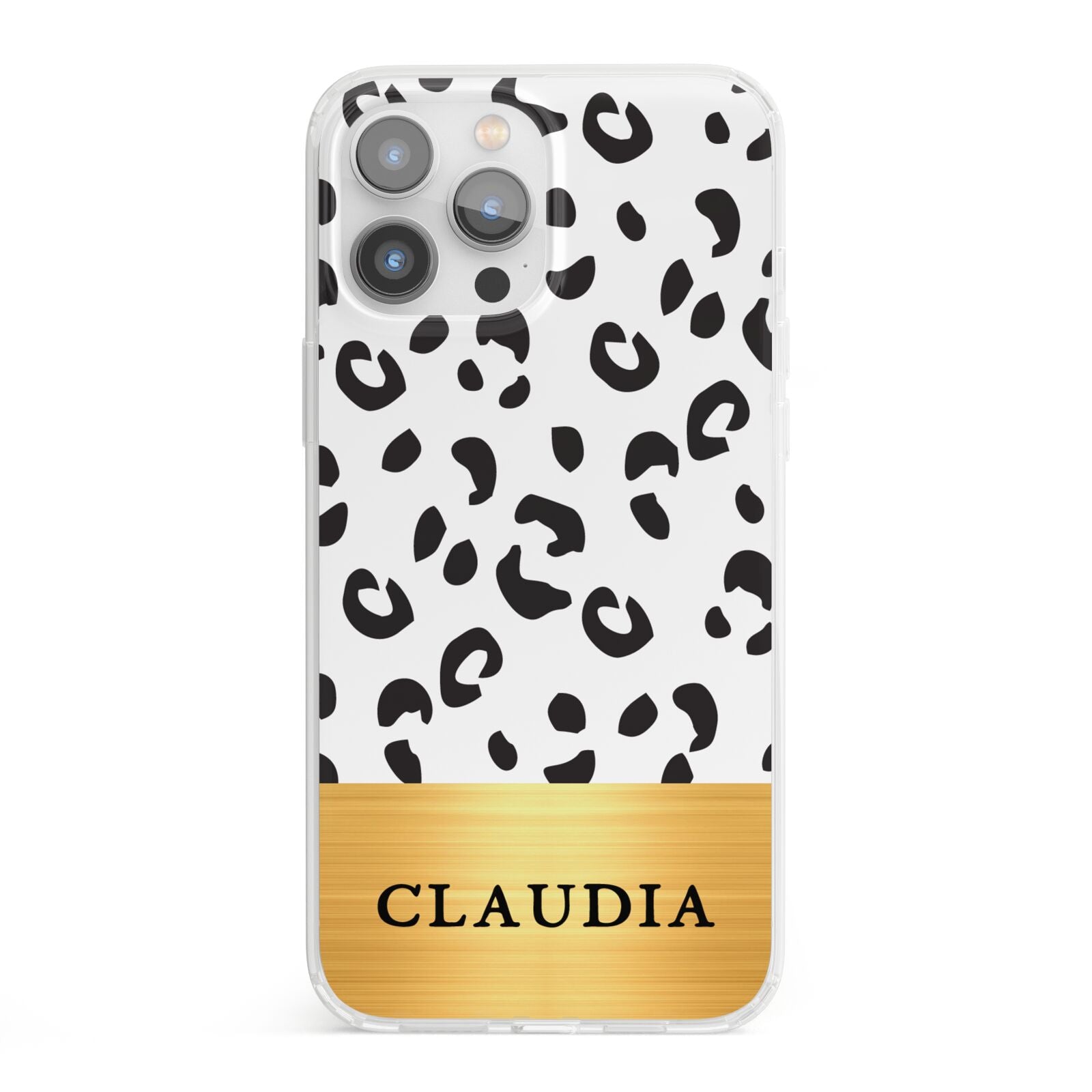 Personalised Animal Print Gold With Name iPhone 13 Pro Max Clear Bumper Case