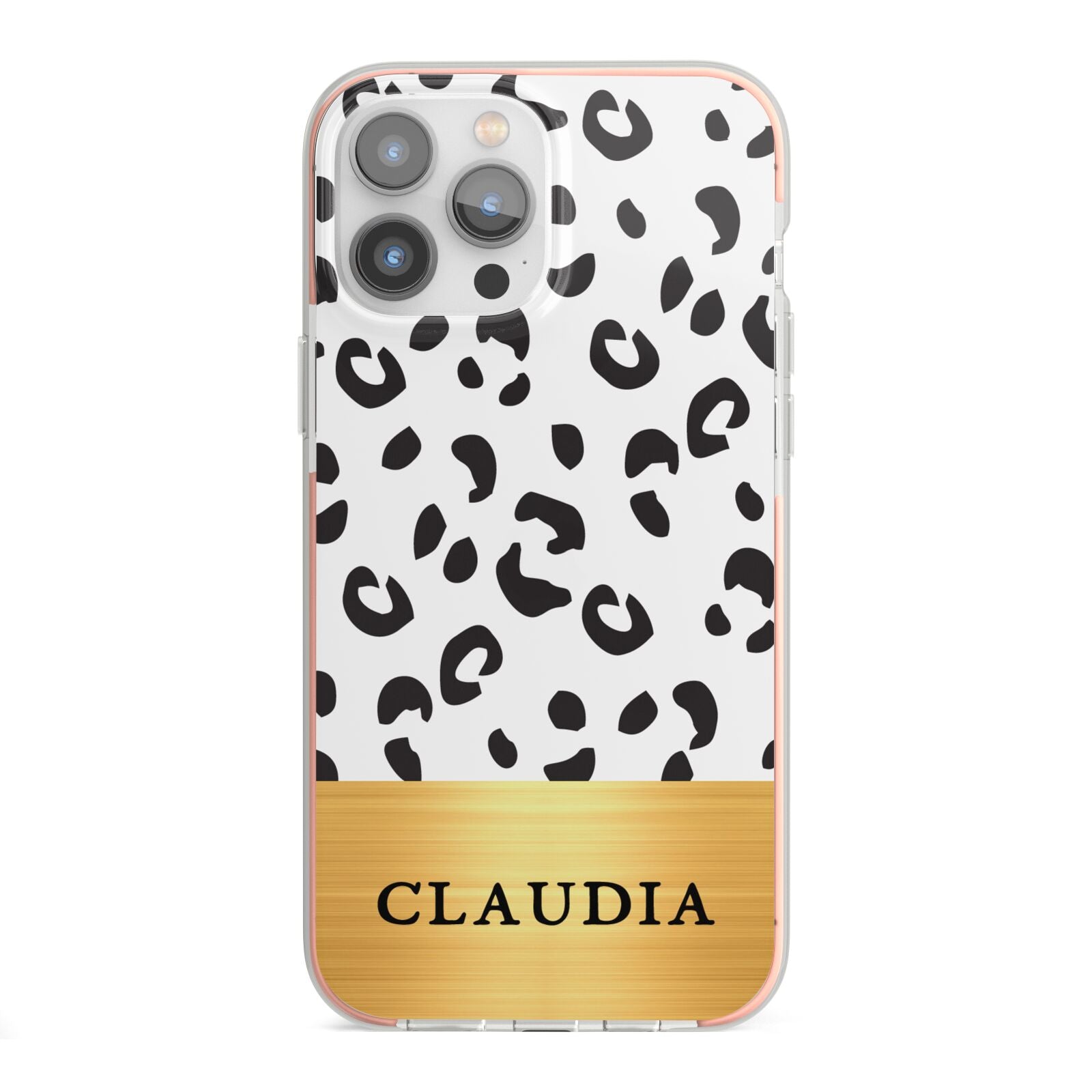 Personalised Animal Print Gold With Name iPhone 13 Pro Max TPU Impact Case with Pink Edges