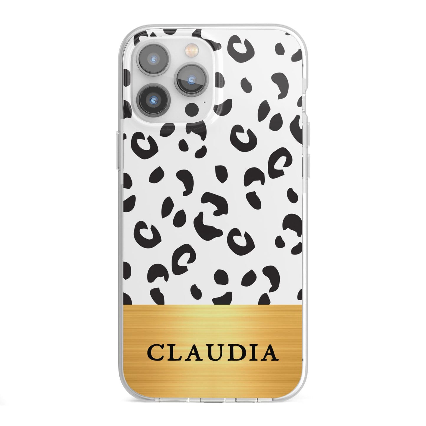 Personalised Animal Print Gold With Name iPhone 13 Pro Max TPU Impact Case with White Edges