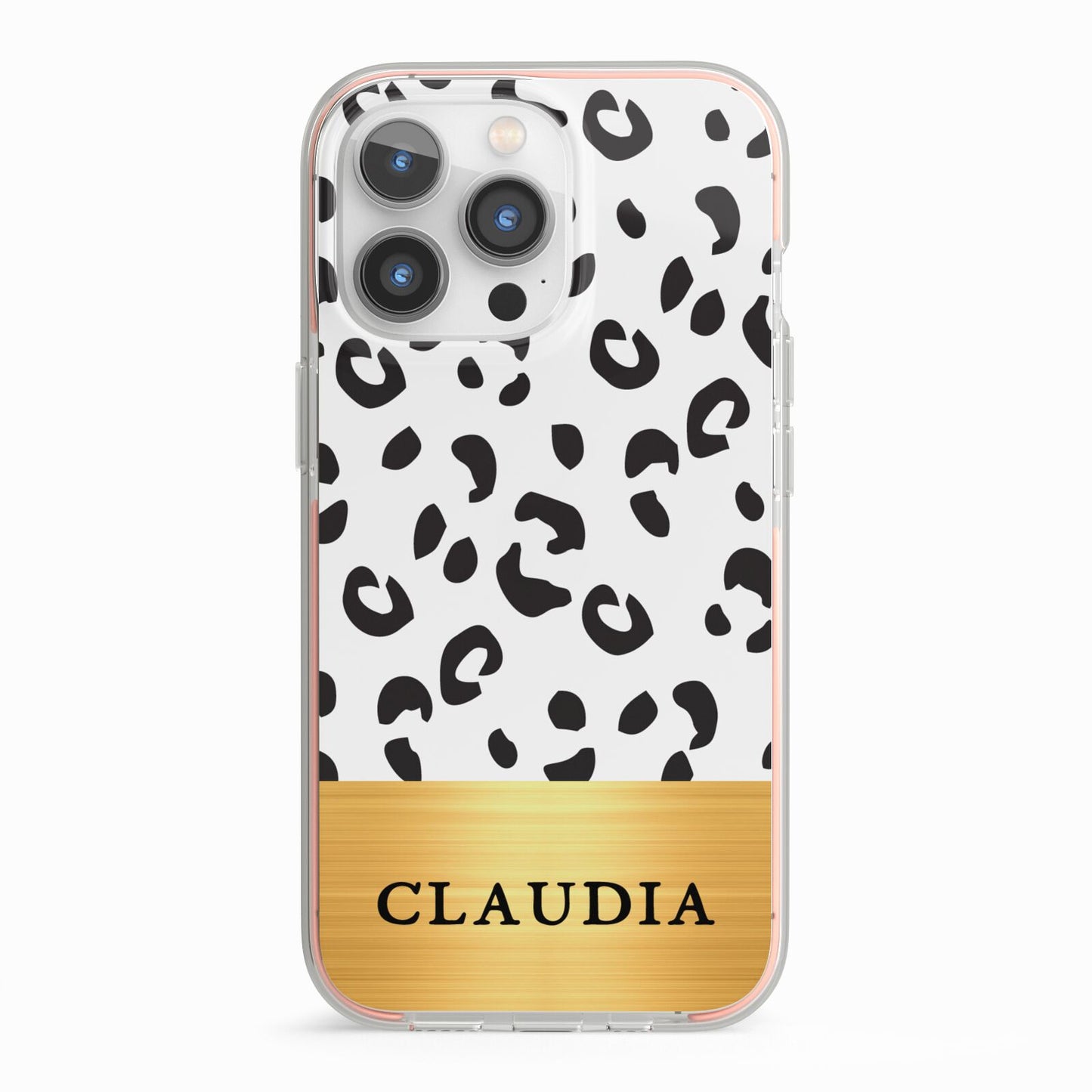 Personalised Animal Print Gold With Name iPhone 13 Pro TPU Impact Case with Pink Edges
