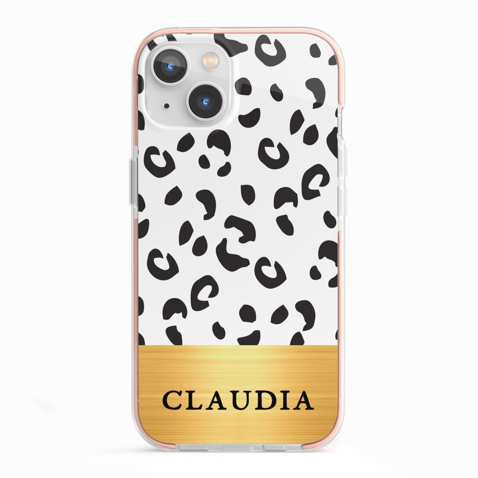Personalised Animal Print Gold With Name iPhone 13 TPU Impact Case with Pink Edges