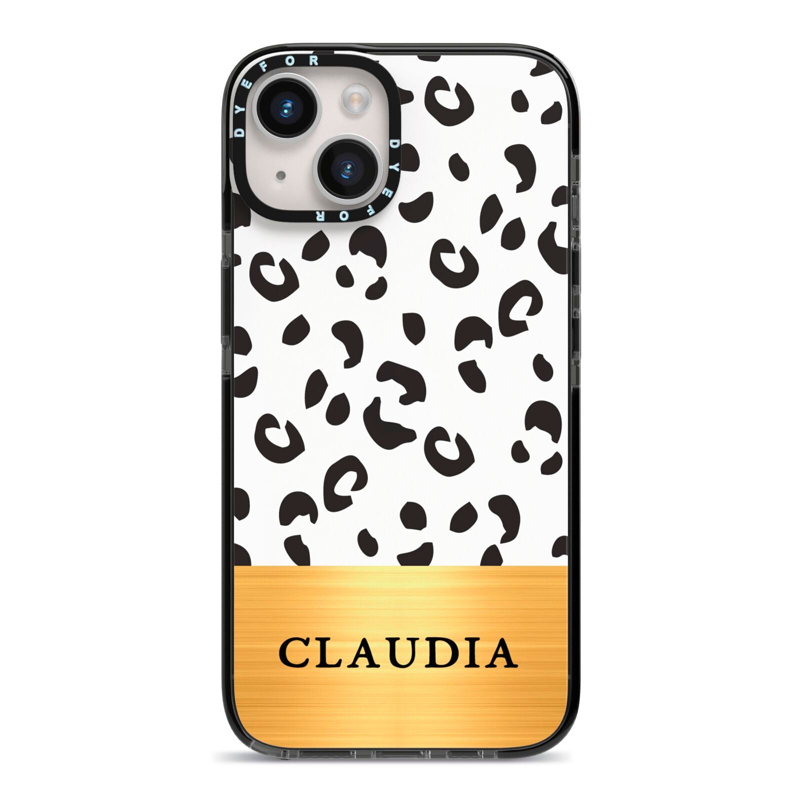 Personalised Animal Print Gold With Name iPhone 14 Black Impact Case on Silver phone