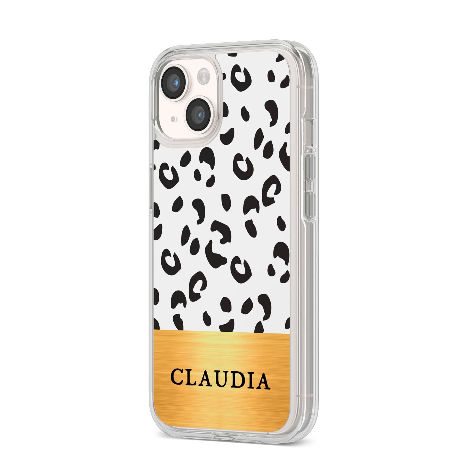 Personalised Animal Print Gold With Name iPhone 14 Clear Tough Case Starlight Angled Image