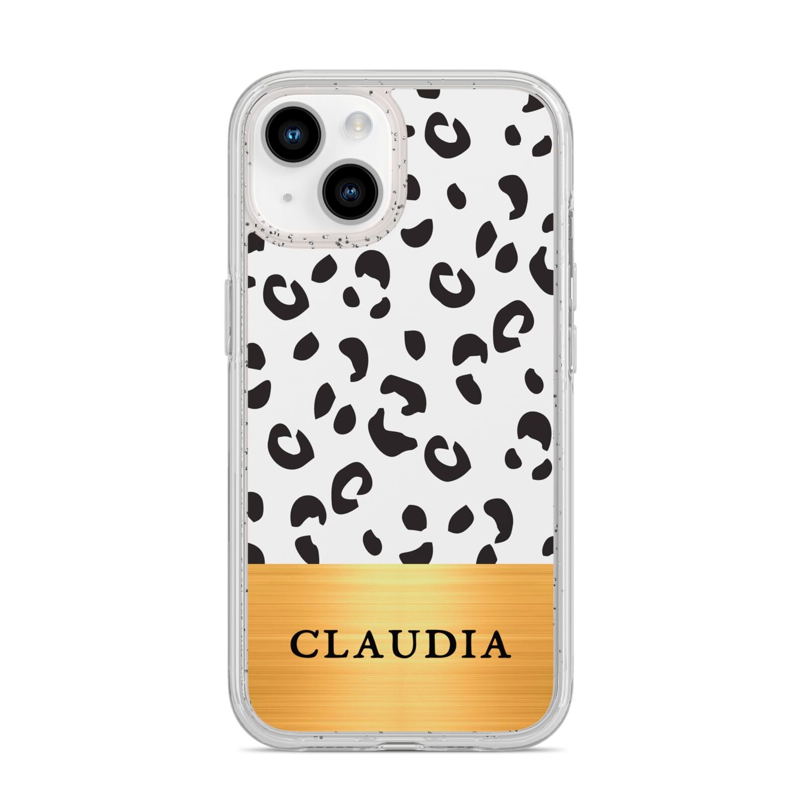 Personalised Animal Print Gold With Name iPhone 14 Glitter Tough Case Starlight