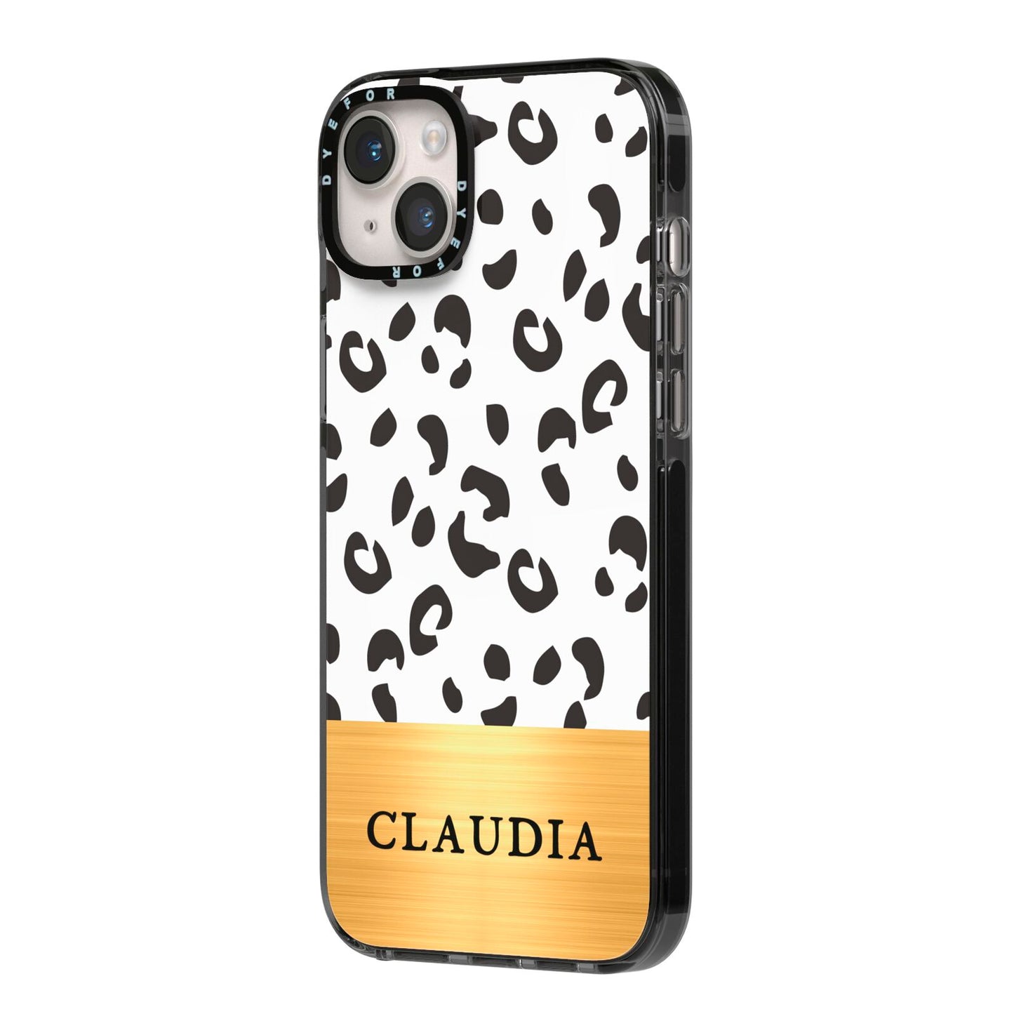 Personalised Animal Print Gold With Name iPhone 14 Plus Black Impact Case Side Angle on Silver phone