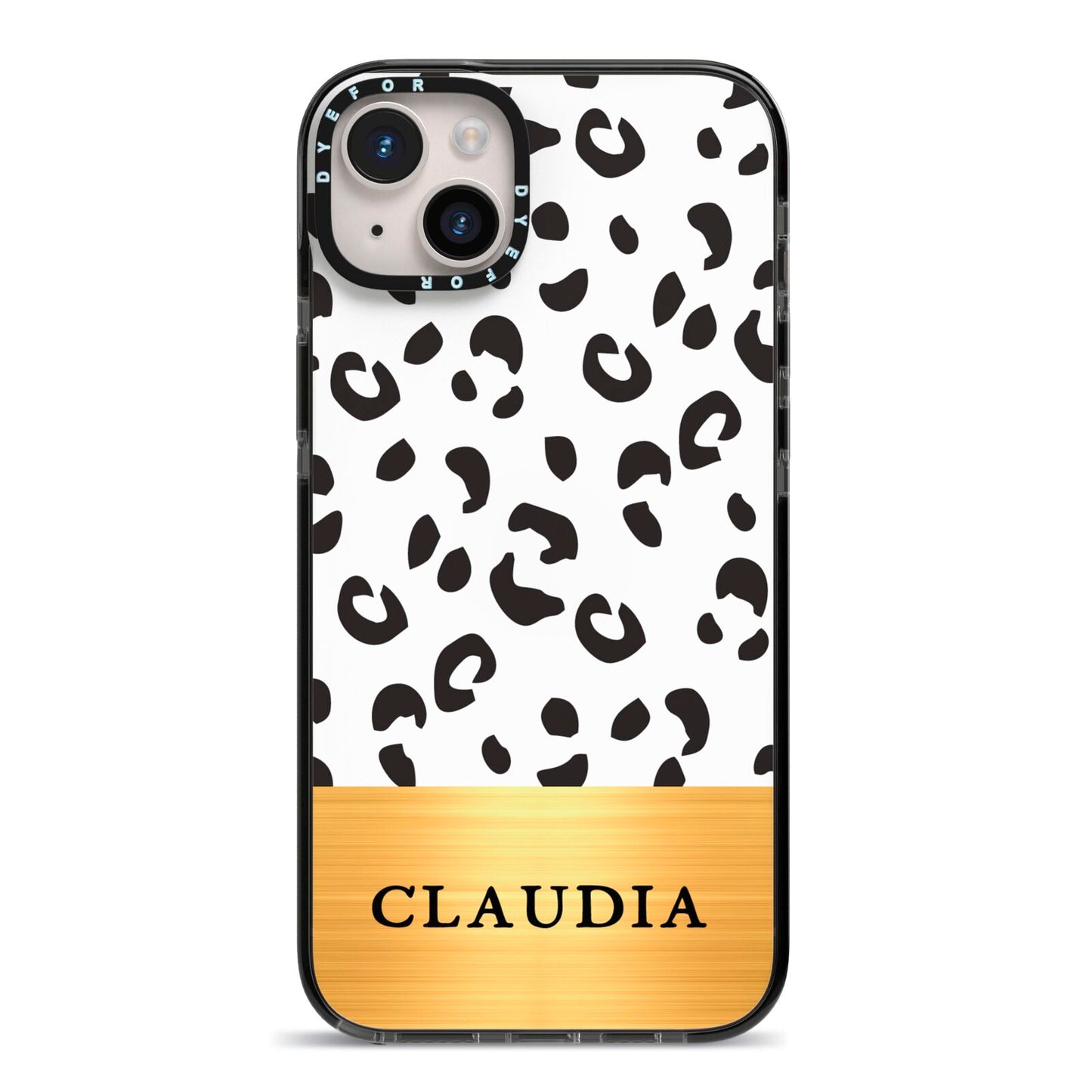 Personalised Animal Print Gold With Name iPhone 14 Plus Black Impact Case on Silver phone