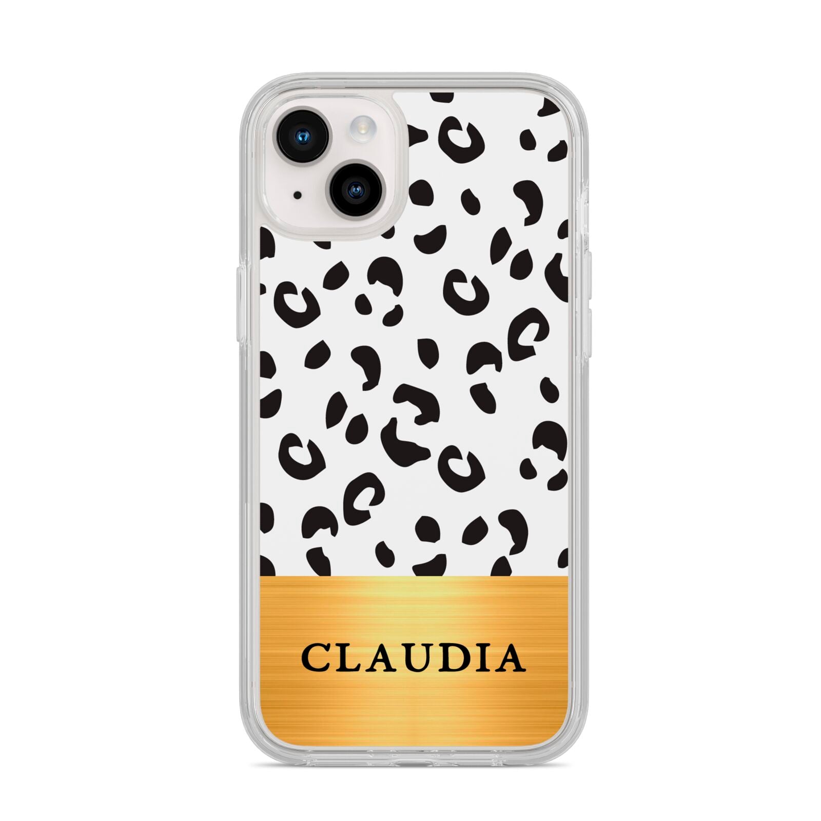 Personalised Animal Print Gold With Name iPhone 14 Plus Clear Tough Case Starlight