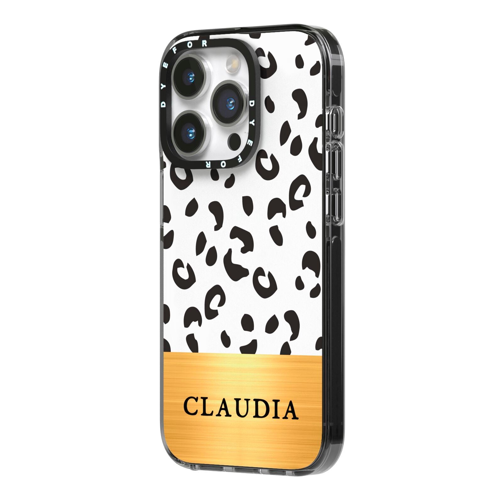 Personalised Animal Print Gold With Name iPhone 14 Pro Black Impact Case Side Angle on Silver phone