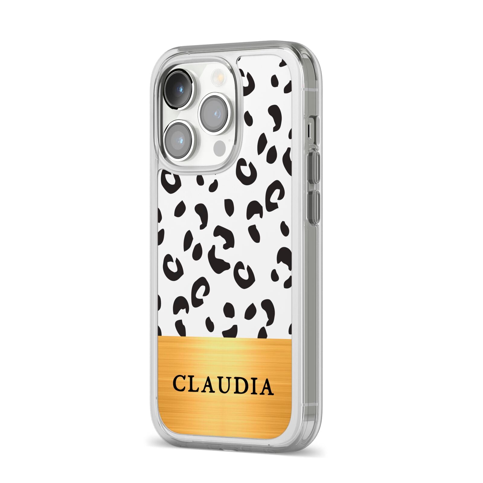 Personalised Animal Print Gold With Name iPhone 14 Pro Clear Tough Case Silver Angled Image