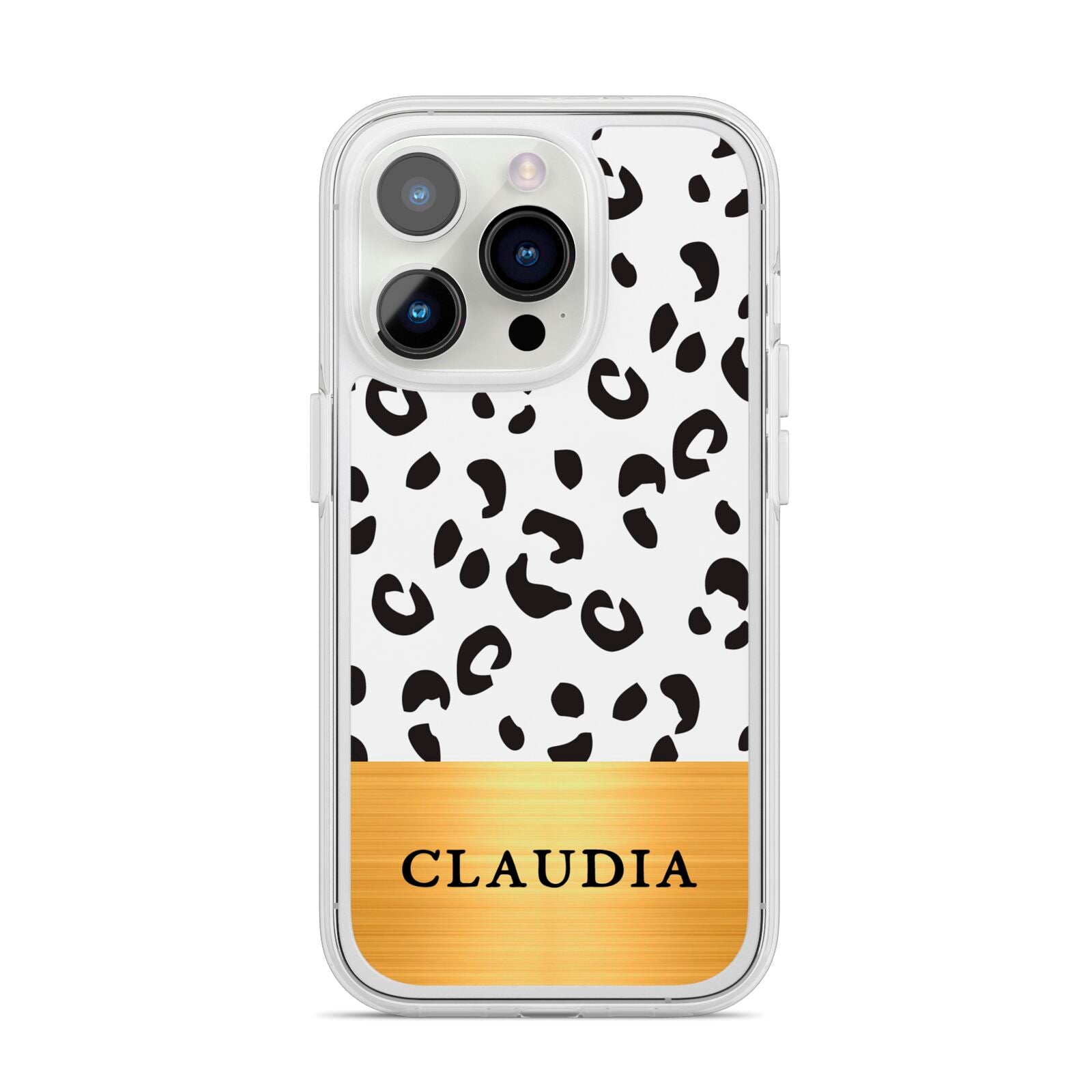 Personalised Animal Print Gold With Name iPhone 14 Pro Clear Tough Case Silver