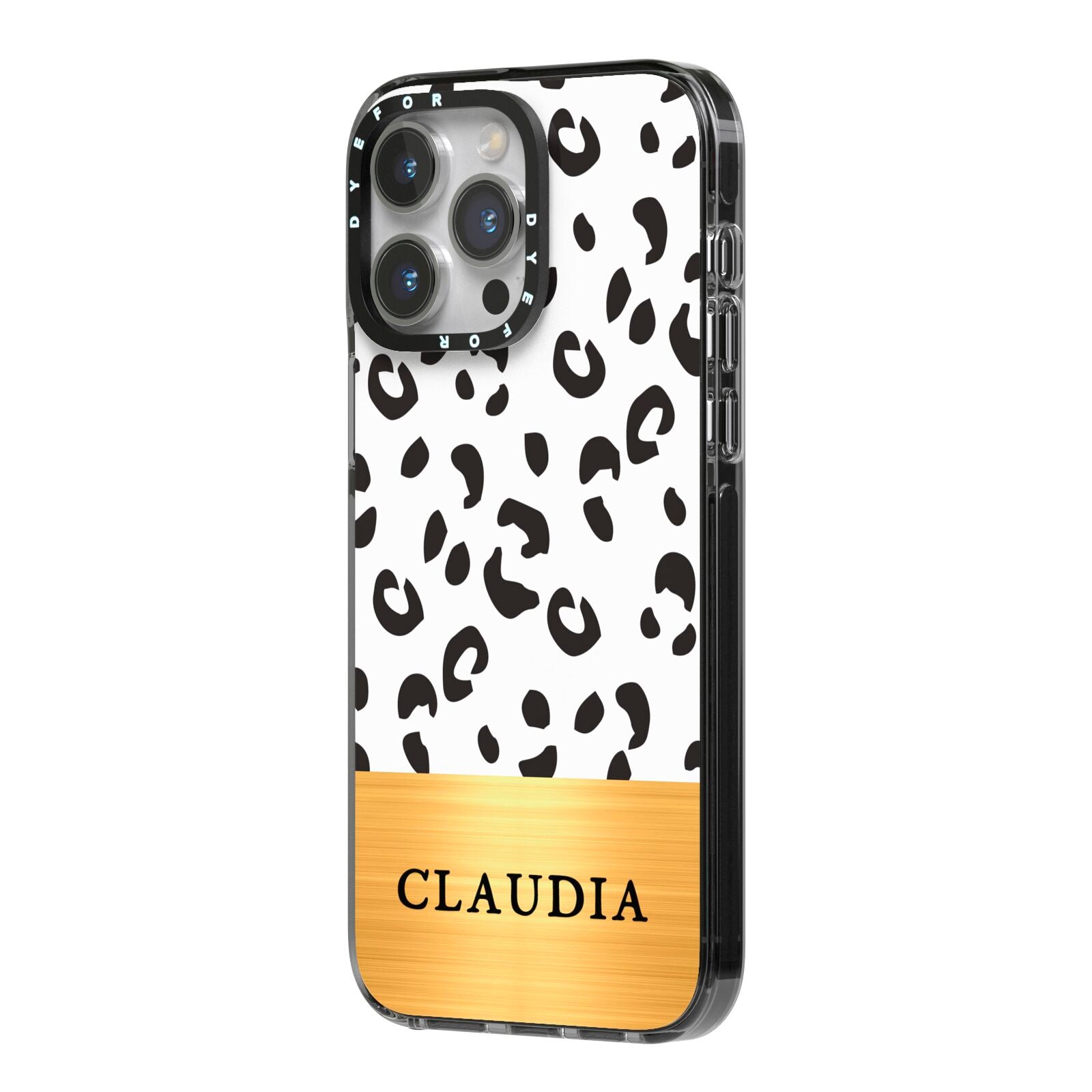 Personalised Animal Print Gold With Name iPhone 14 Pro Max Black Impact Case Side Angle on Silver phone