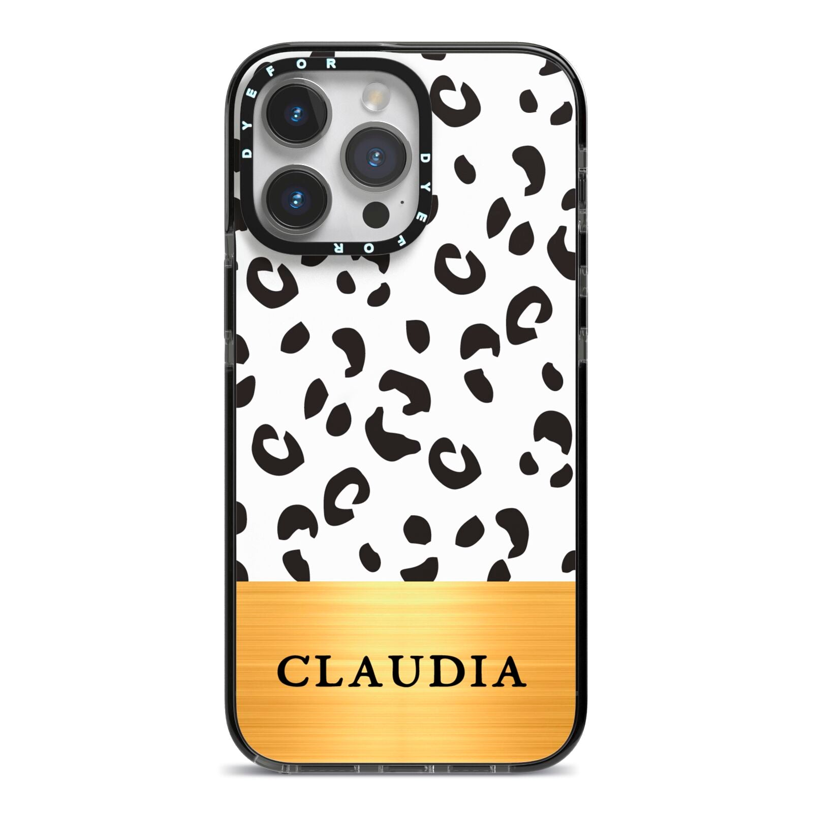 Personalised Animal Print Gold With Name iPhone 14 Pro Max Black Impact Case on Silver phone