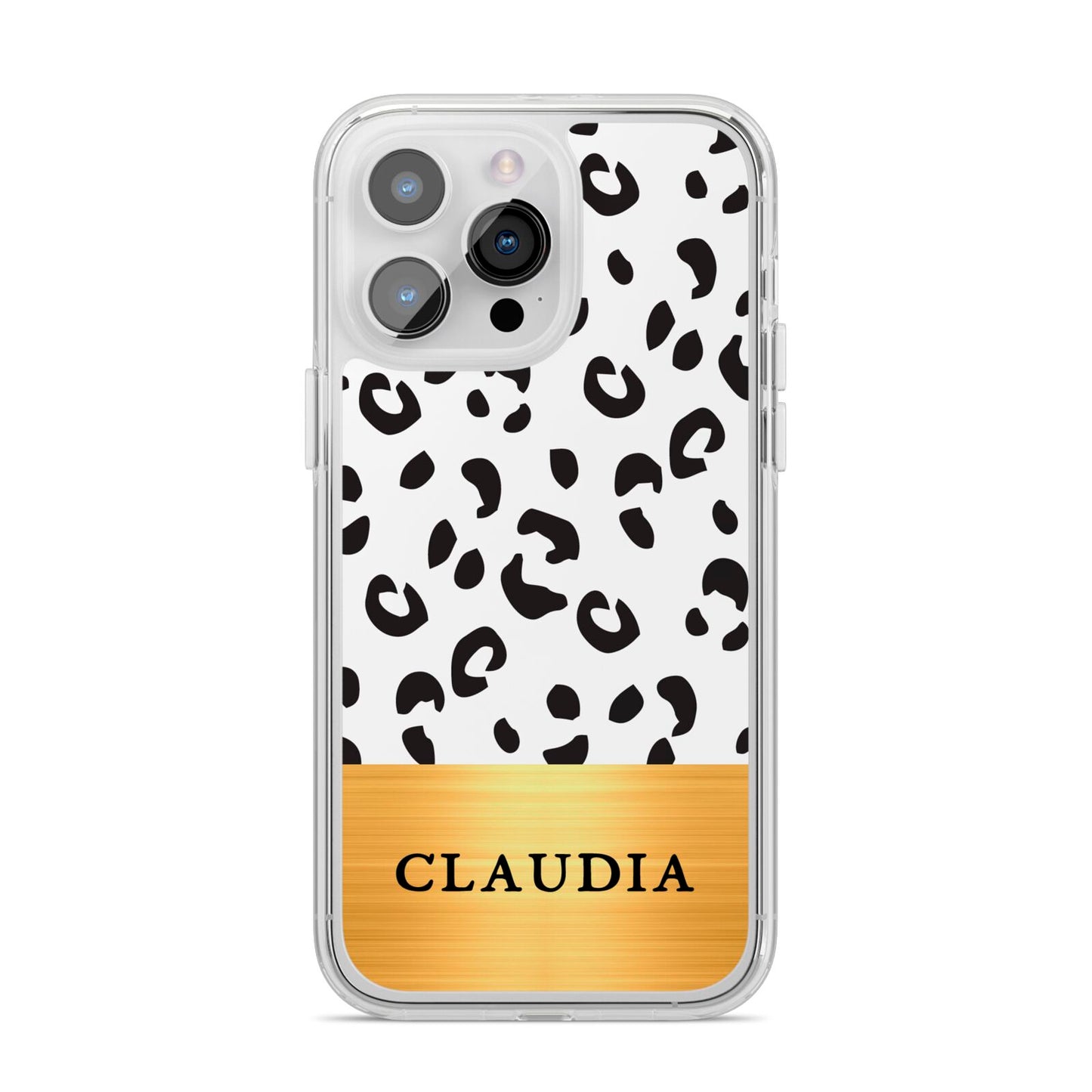 Personalised Animal Print Gold With Name iPhone 14 Pro Max Clear Tough Case Silver