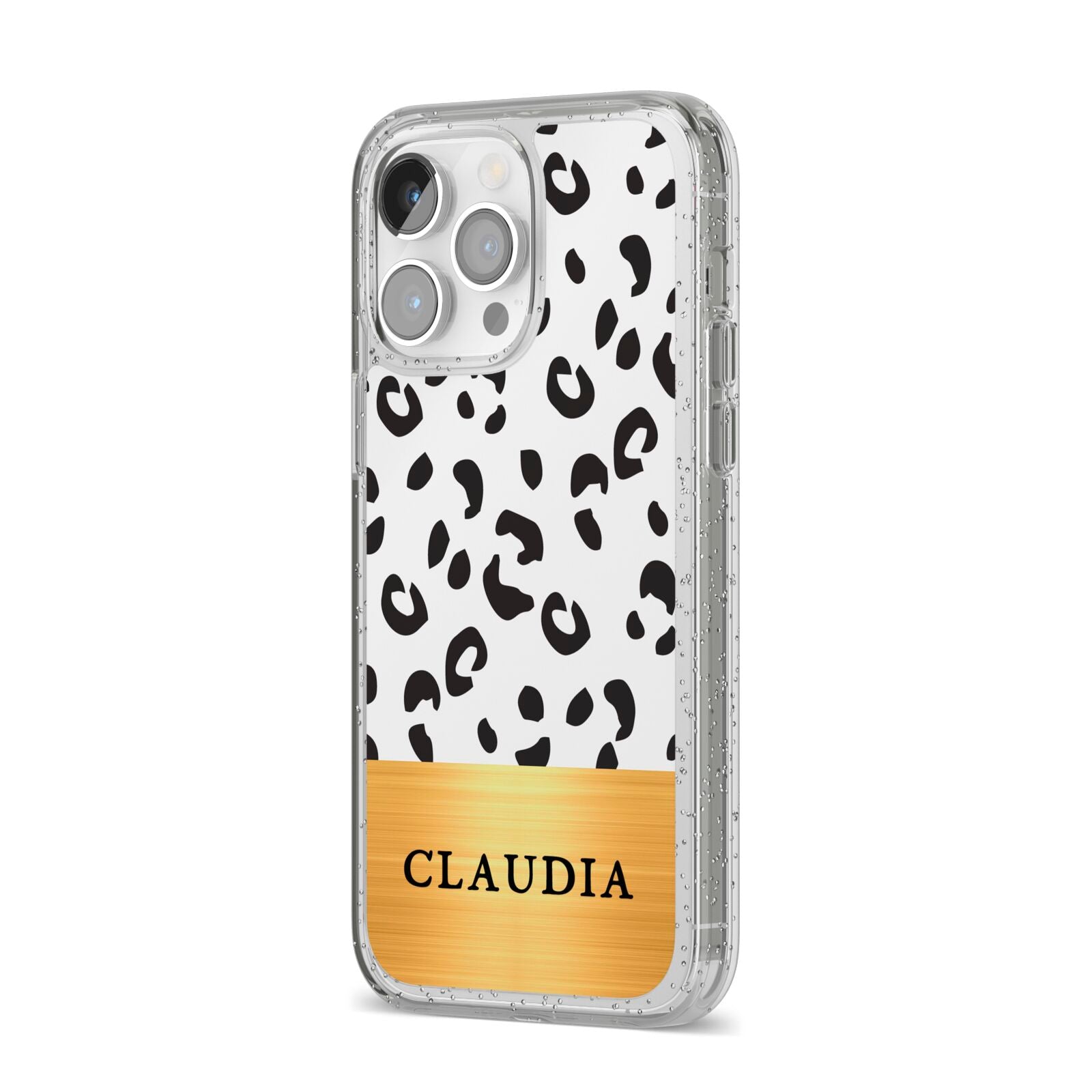 Personalised Animal Print Gold With Name iPhone 14 Pro Max Glitter Tough Case Silver Angled Image