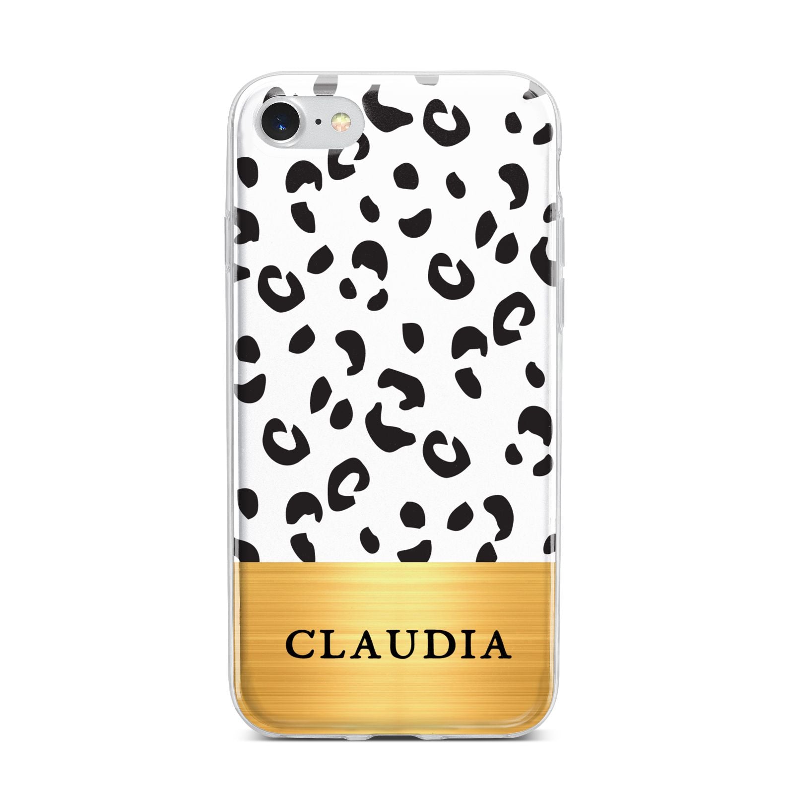 Personalised Animal Print Gold With Name iPhone 7 Bumper Case on Silver iPhone
