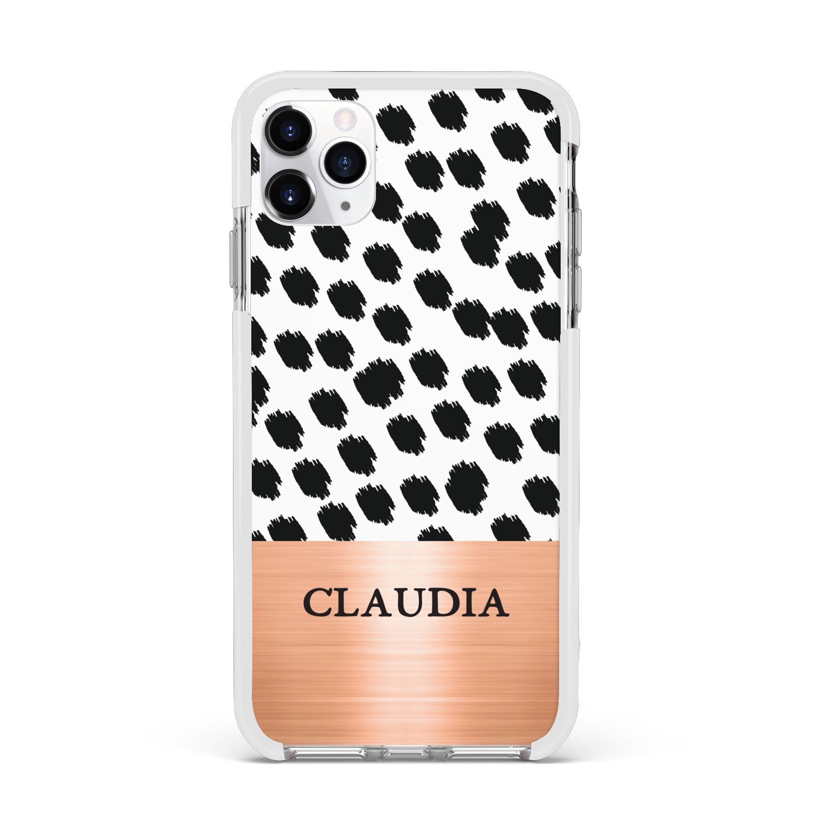 Personalised Animal Print Rose Gold Name Apple iPhone 11 Pro Max in Silver with White Impact Case