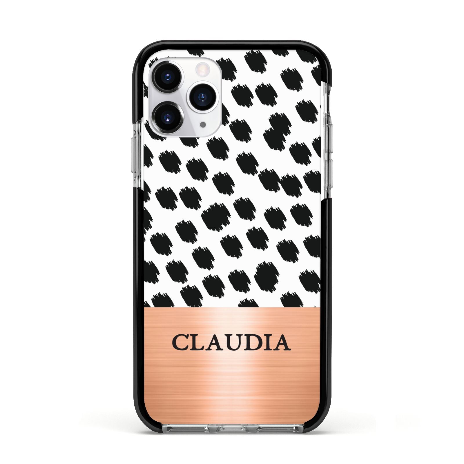 Personalised Animal Print Rose Gold Name Apple iPhone 11 Pro in Silver with Black Impact Case