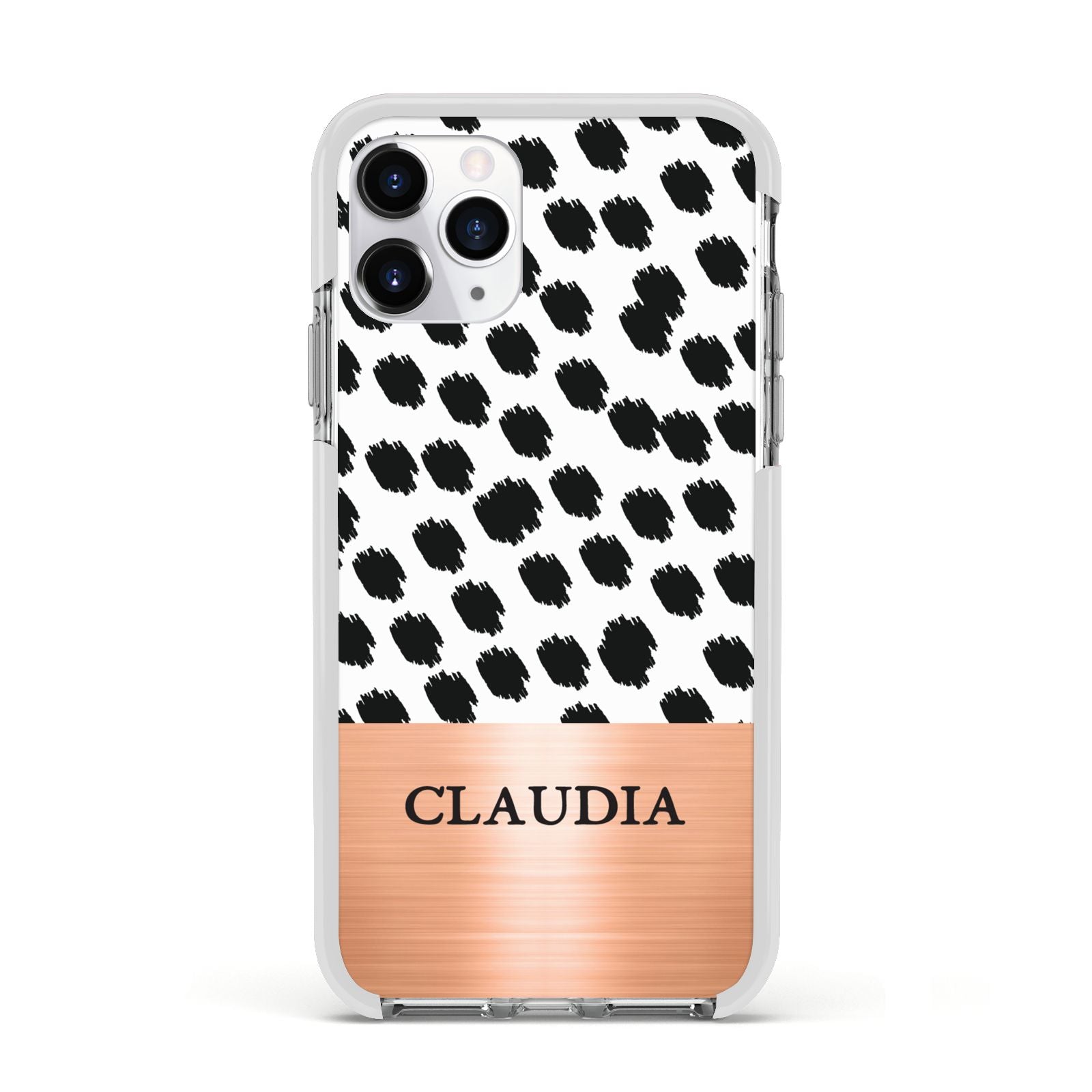 Personalised Animal Print Rose Gold Name Apple iPhone 11 Pro in Silver with White Impact Case