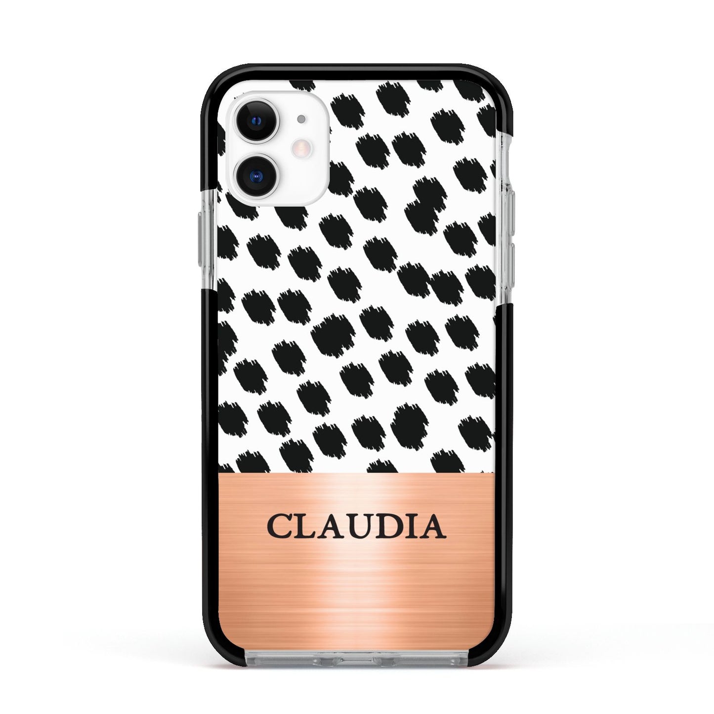 Personalised Animal Print Rose Gold Name Apple iPhone 11 in White with Black Impact Case