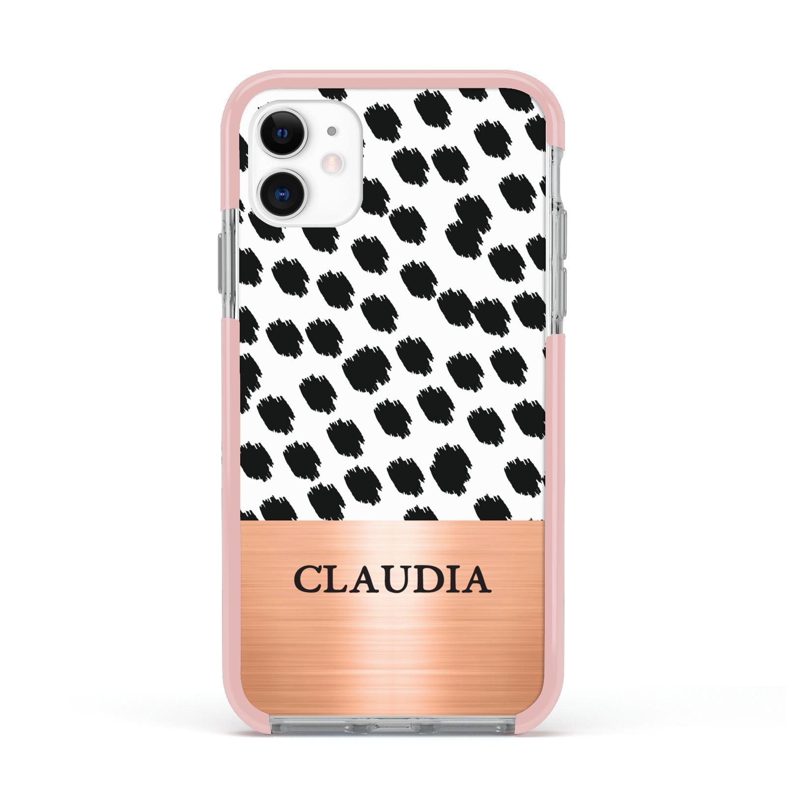 Personalised Animal Print Rose Gold Name Apple iPhone 11 in White with Pink Impact Case
