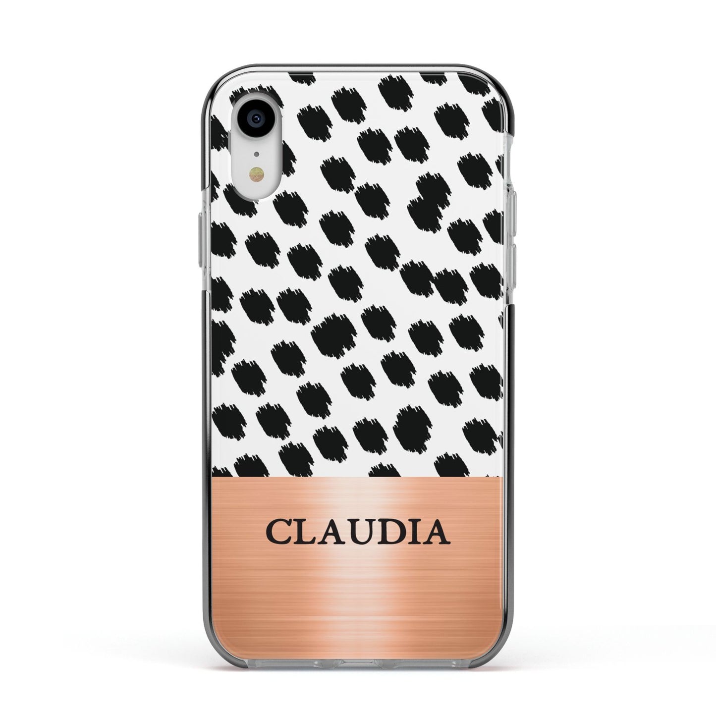 Personalised Animal Print Rose Gold Name Apple iPhone XR Impact Case Black Edge on Silver Phone