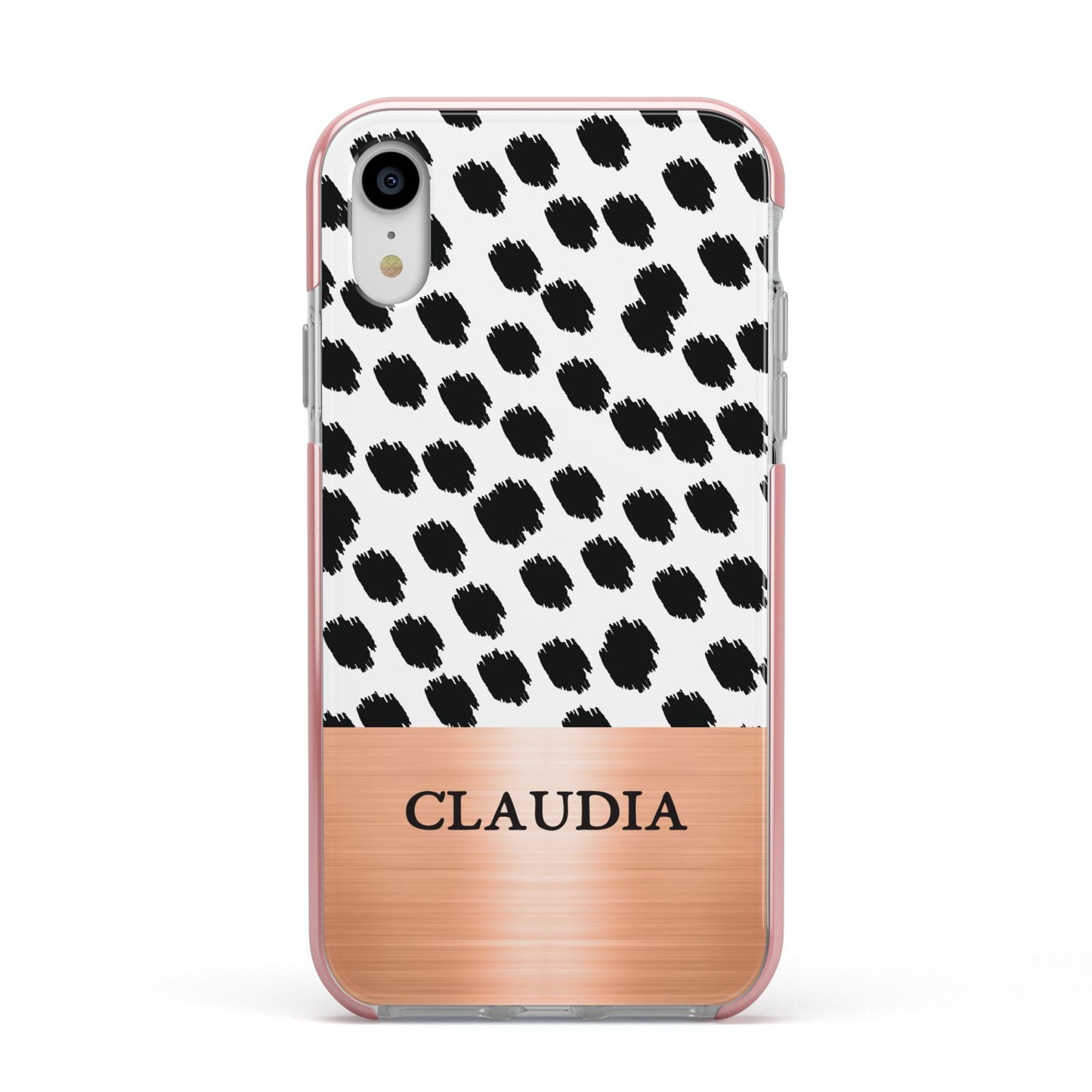 Personalised Animal Print Rose Gold Name Apple iPhone XR Impact Case Pink Edge on Silver Phone