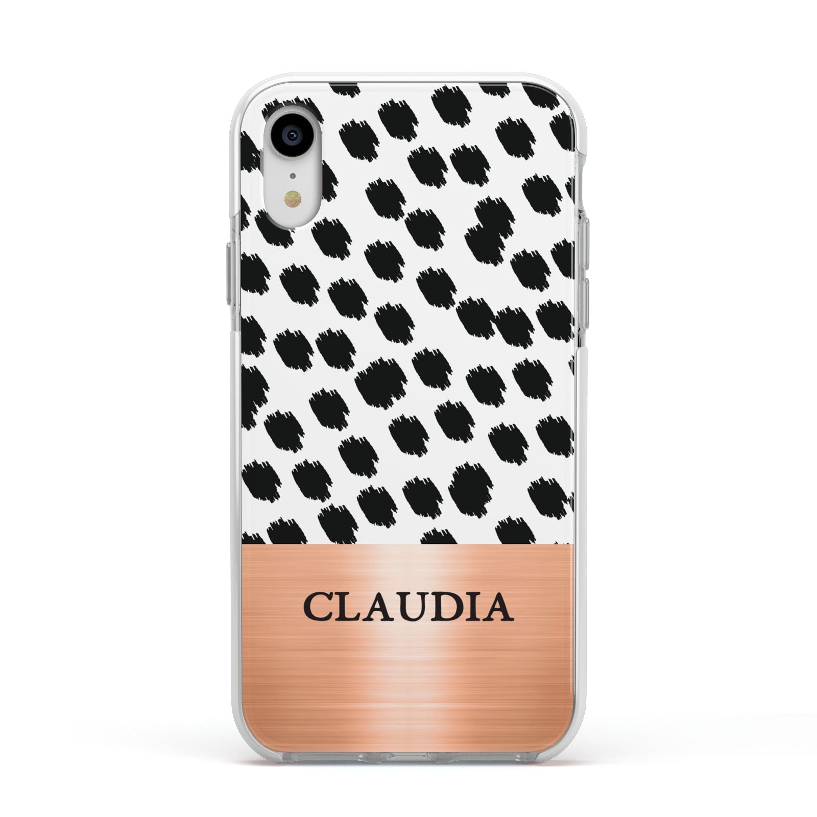 Personalised Animal Print Rose Gold Name Apple iPhone XR Impact Case White Edge on Silver Phone