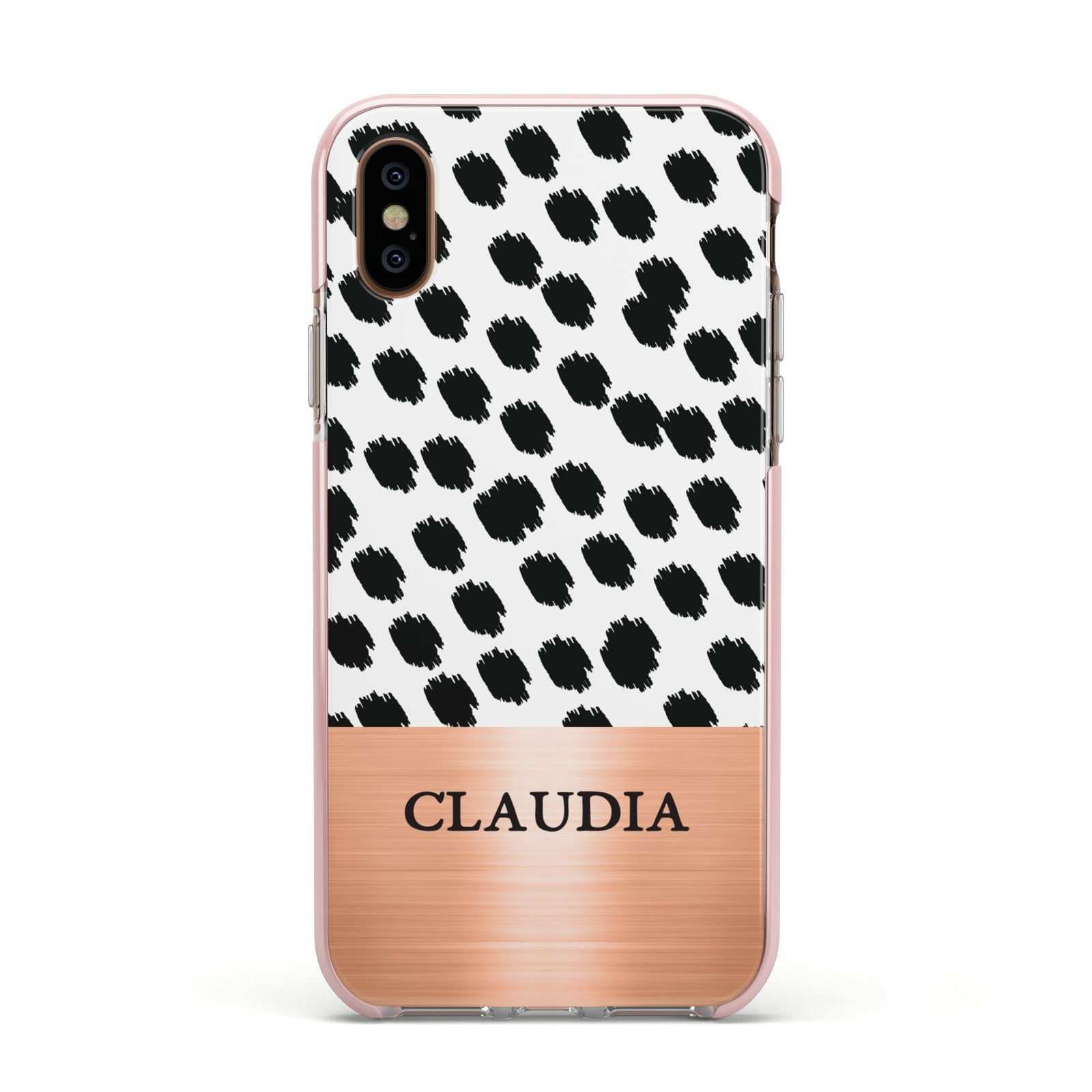 Personalised Animal Print Rose Gold Name Apple iPhone Xs Impact Case Pink Edge on Gold Phone