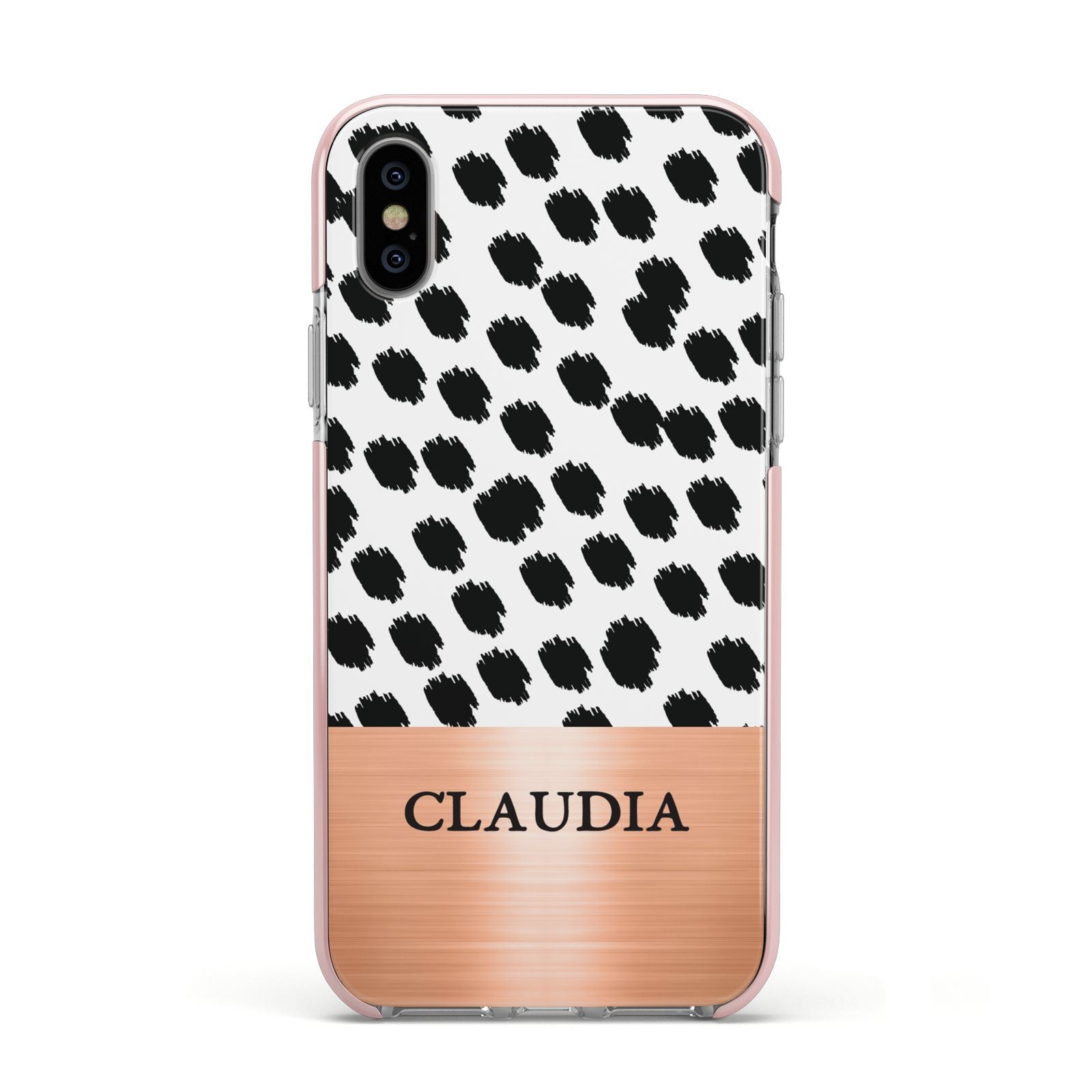 Personalised Animal Print Rose Gold Name Apple iPhone Xs Impact Case Pink Edge on Silver Phone