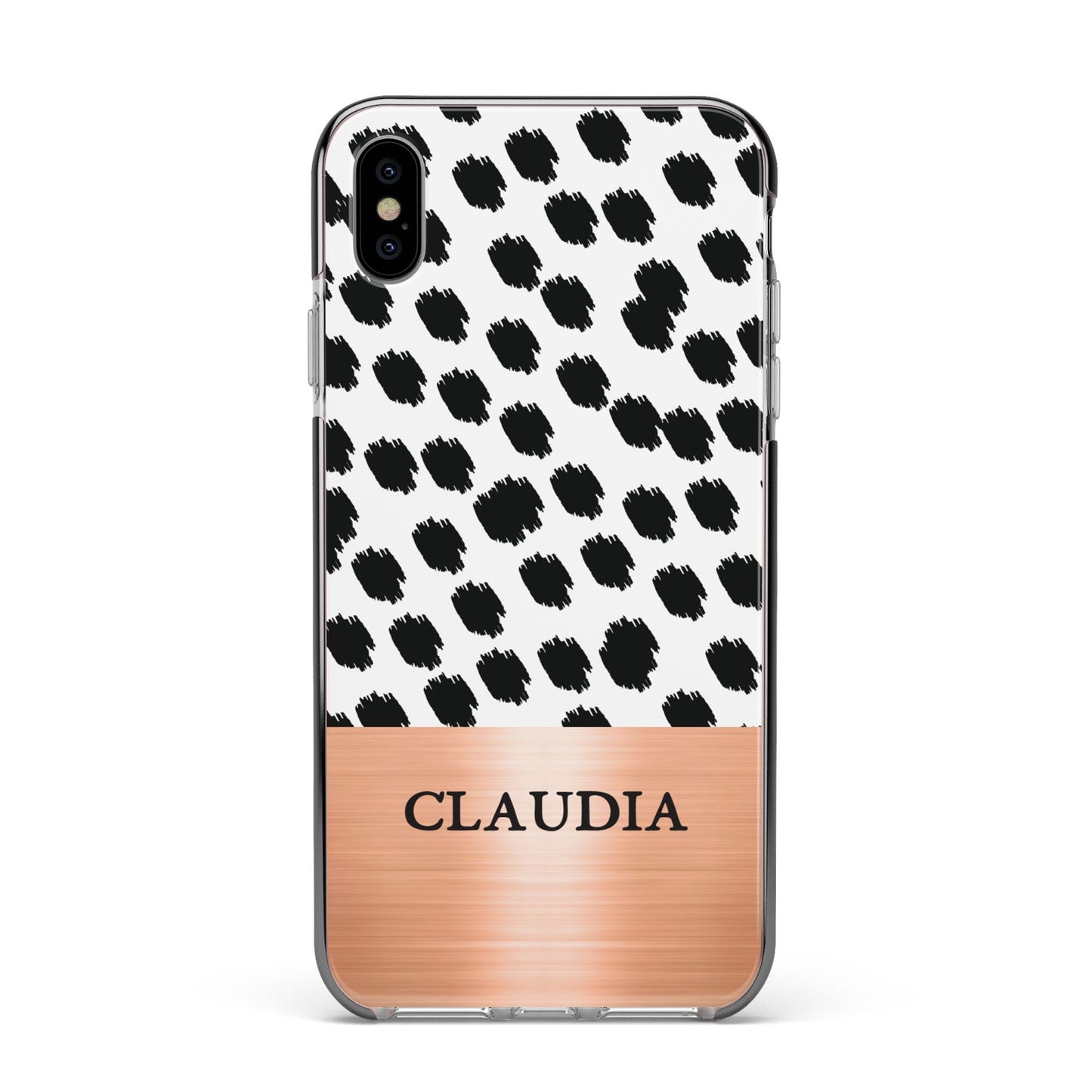 Personalised Animal Print Rose Gold Name Apple iPhone Xs Max Impact Case Black Edge on Silver Phone