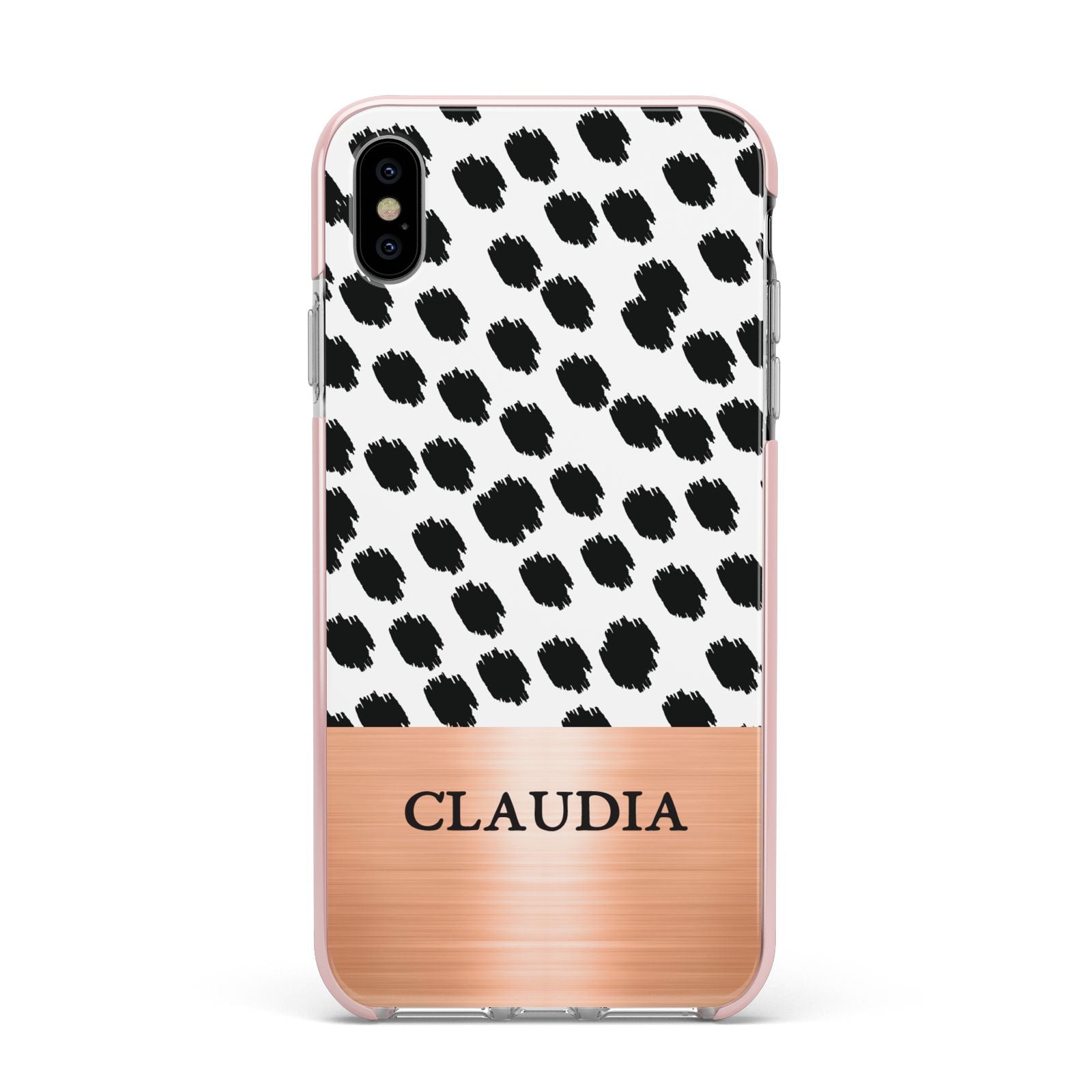 Personalised Animal Print Rose Gold Name Apple iPhone Xs Max Impact Case Pink Edge on Silver Phone
