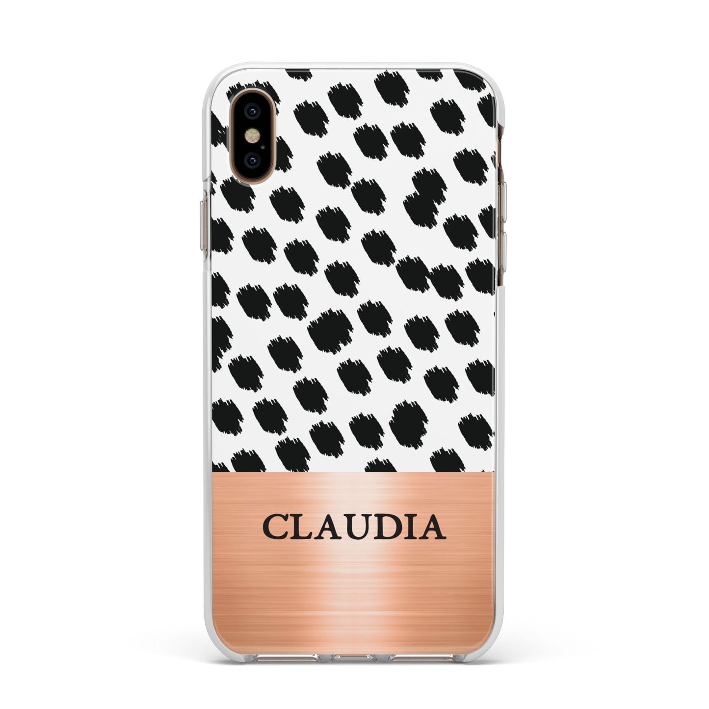Personalised Animal Print Rose Gold Name Apple iPhone Xs Max Impact Case White Edge on Gold Phone