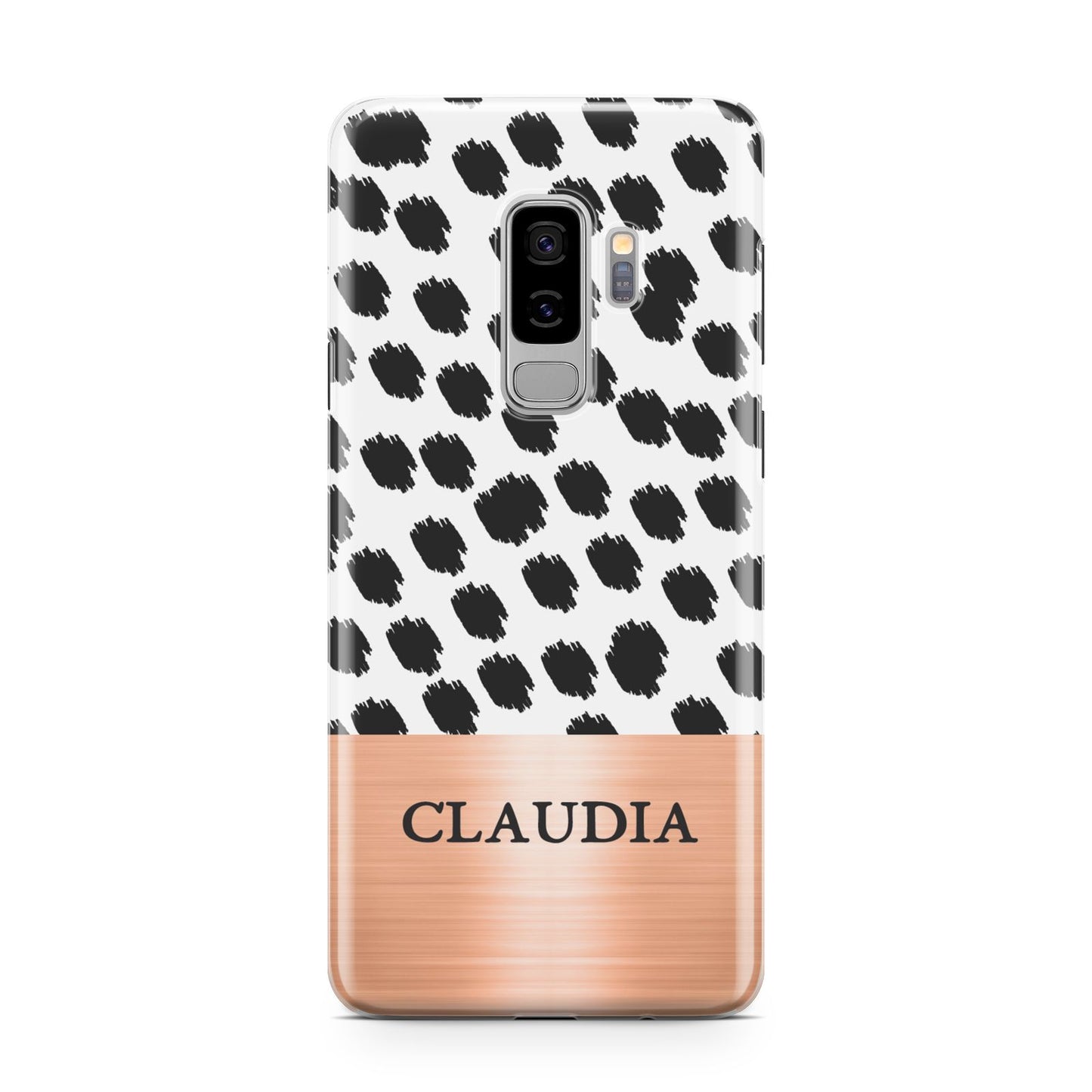 Personalised Animal Print Rose Gold Name Samsung Galaxy S9 Plus Case on Silver phone