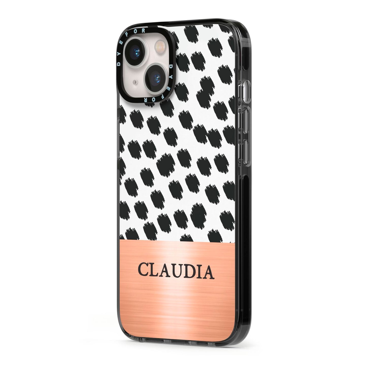 Personalised Animal Print Rose Gold Name iPhone 13 Black Impact Case Side Angle on Silver phone