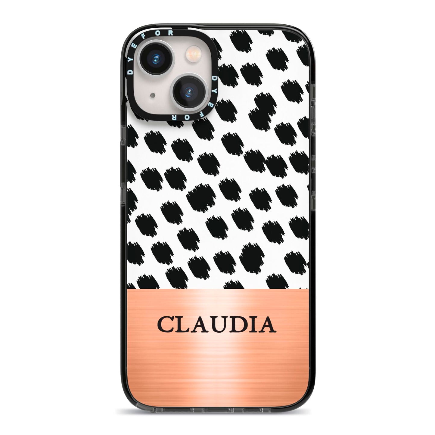 Personalised Animal Print Rose Gold Name iPhone 13 Black Impact Case on Silver phone
