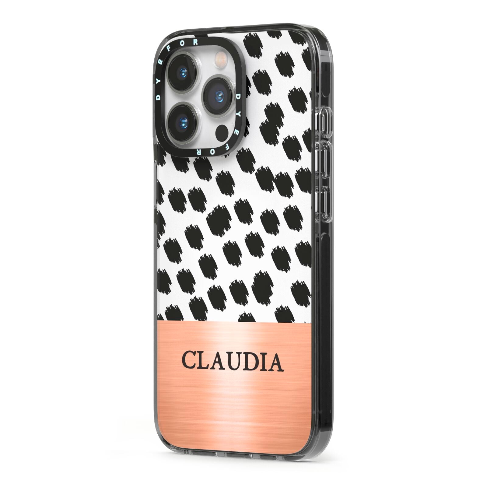 Personalised Animal Print Rose Gold Name iPhone 13 Pro Black Impact Case Side Angle on Silver phone