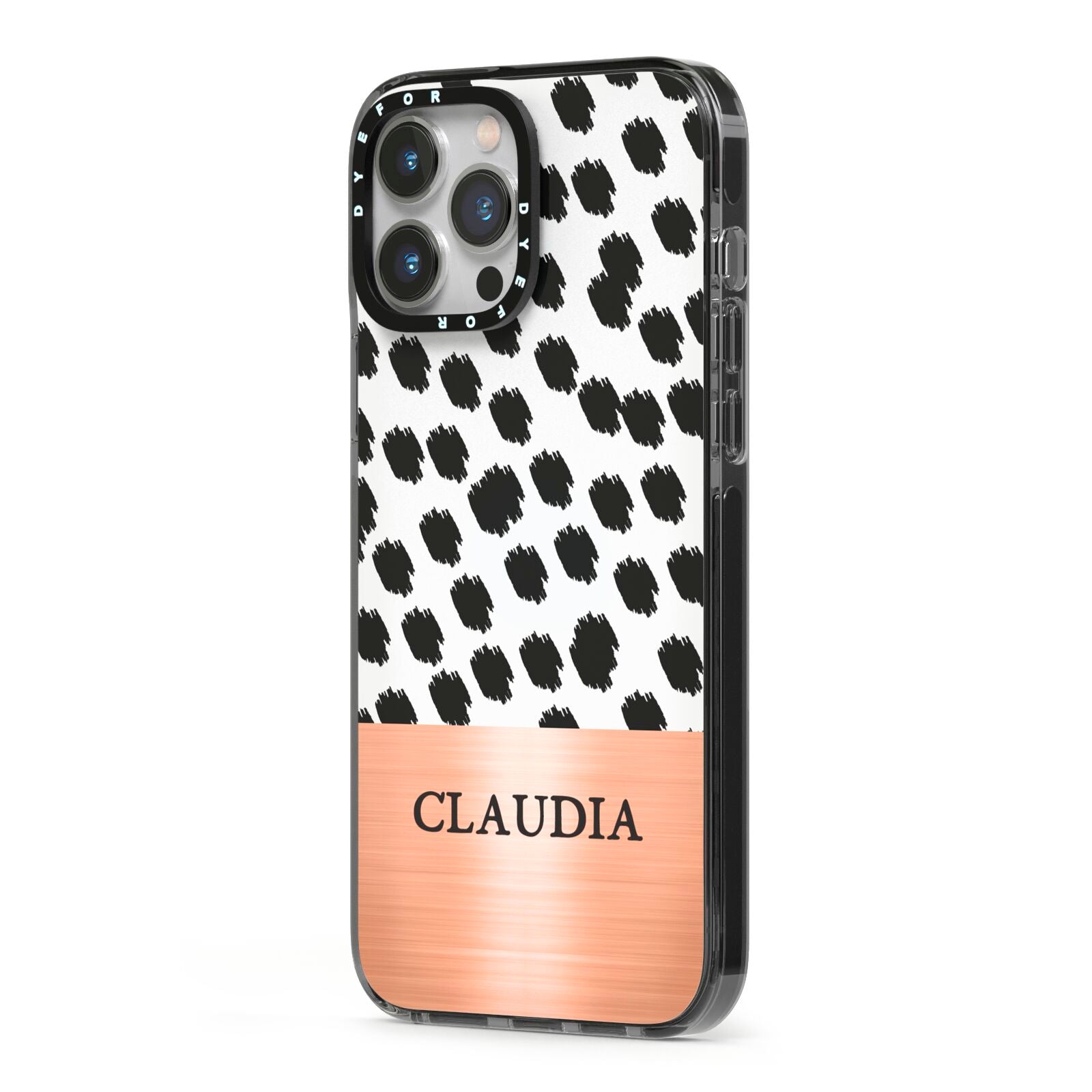 Personalised Animal Print Rose Gold Name iPhone 13 Pro Max Black Impact Case Side Angle on Silver phone