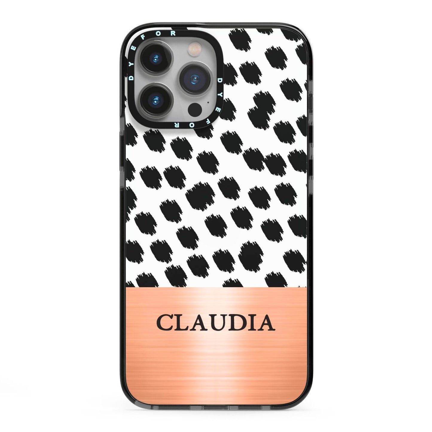 Personalised Animal Print Rose Gold Name iPhone 13 Pro Max Black Impact Case on Silver phone