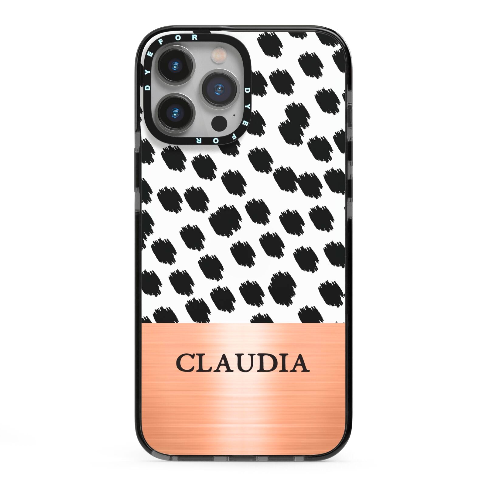 Personalised Animal Print Rose Gold Name iPhone 13 Pro Max Black Impact Case on Silver phone