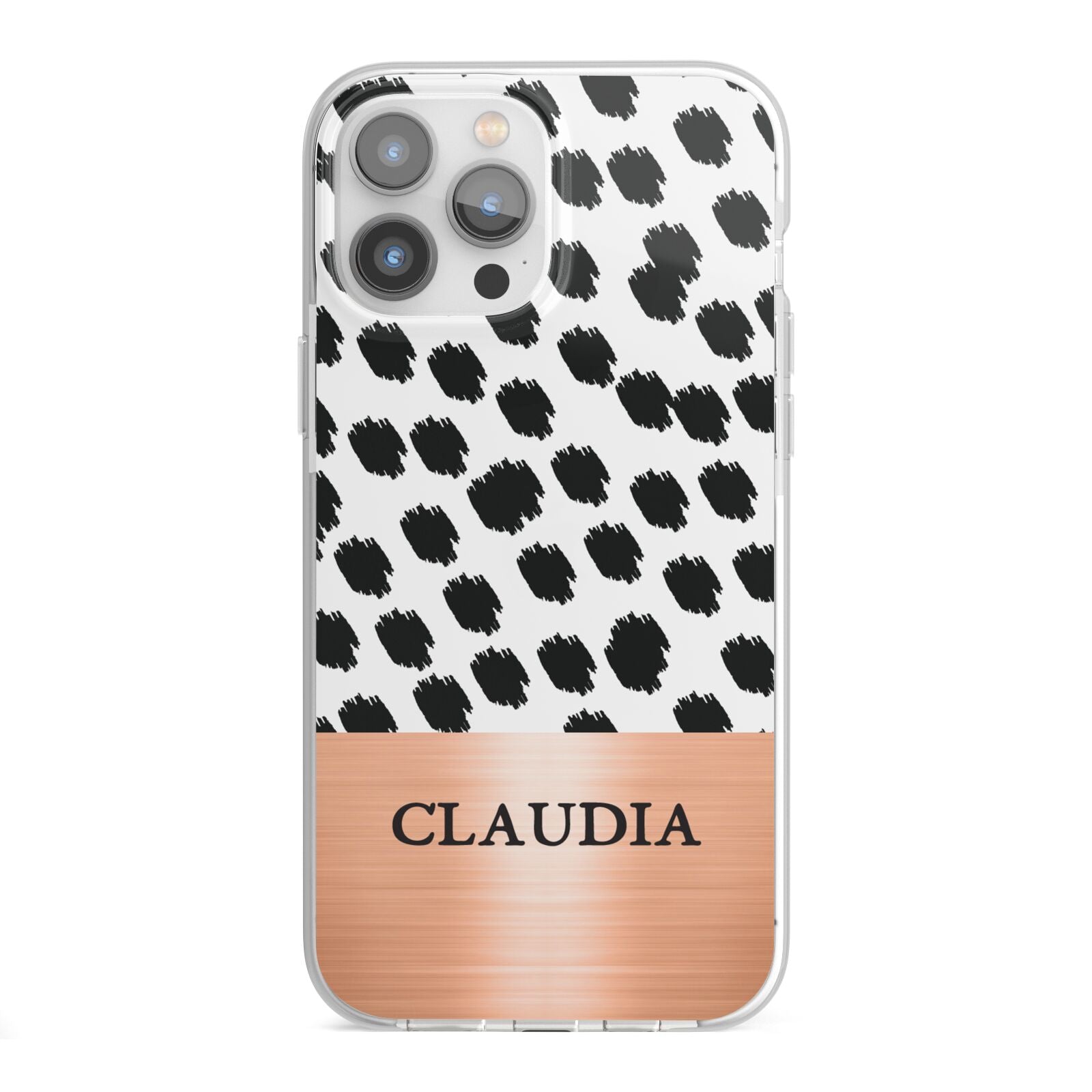 Personalised Animal Print Rose Gold Name iPhone 13 Pro Max TPU Impact Case with White Edges