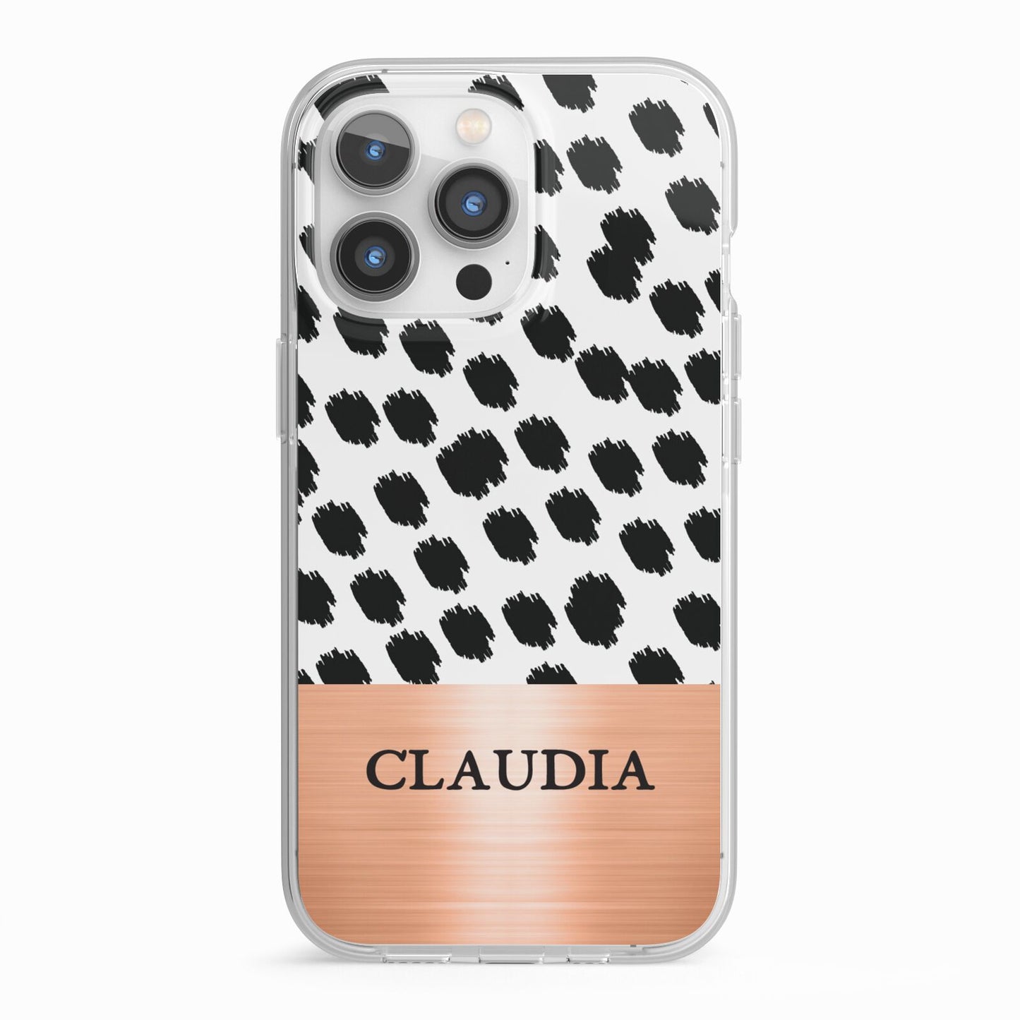 Personalised Animal Print Rose Gold Name iPhone 13 Pro TPU Impact Case with White Edges
