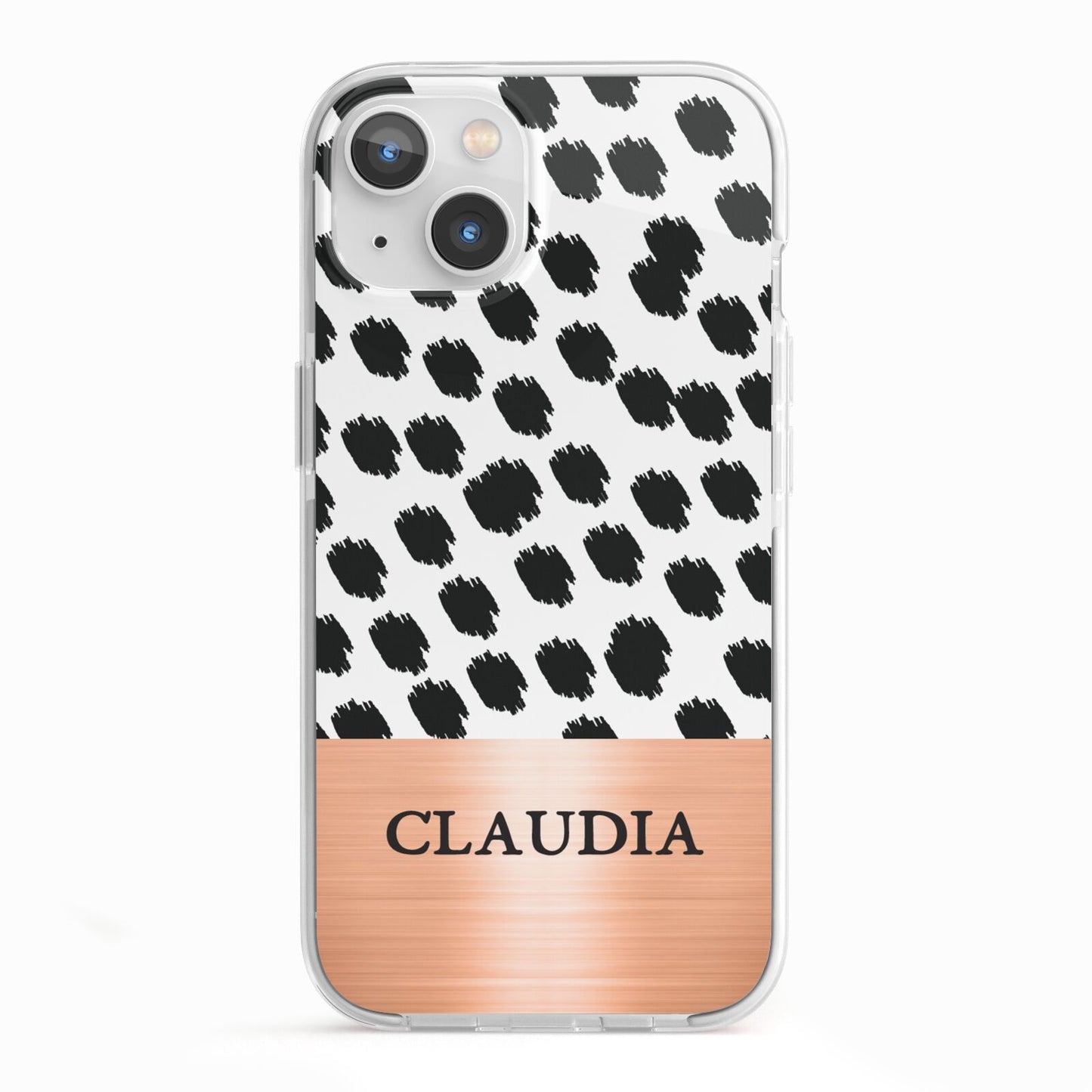 Personalised Animal Print Rose Gold Name iPhone 13 TPU Impact Case with White Edges